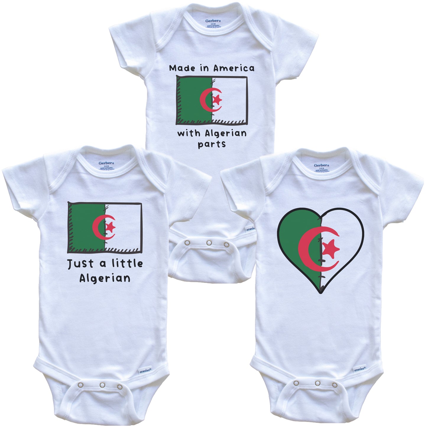 Made in America with Algerian Parts Funny Algeria Flag Baby Bodysuit Bundle (3 Piece Gift Set)