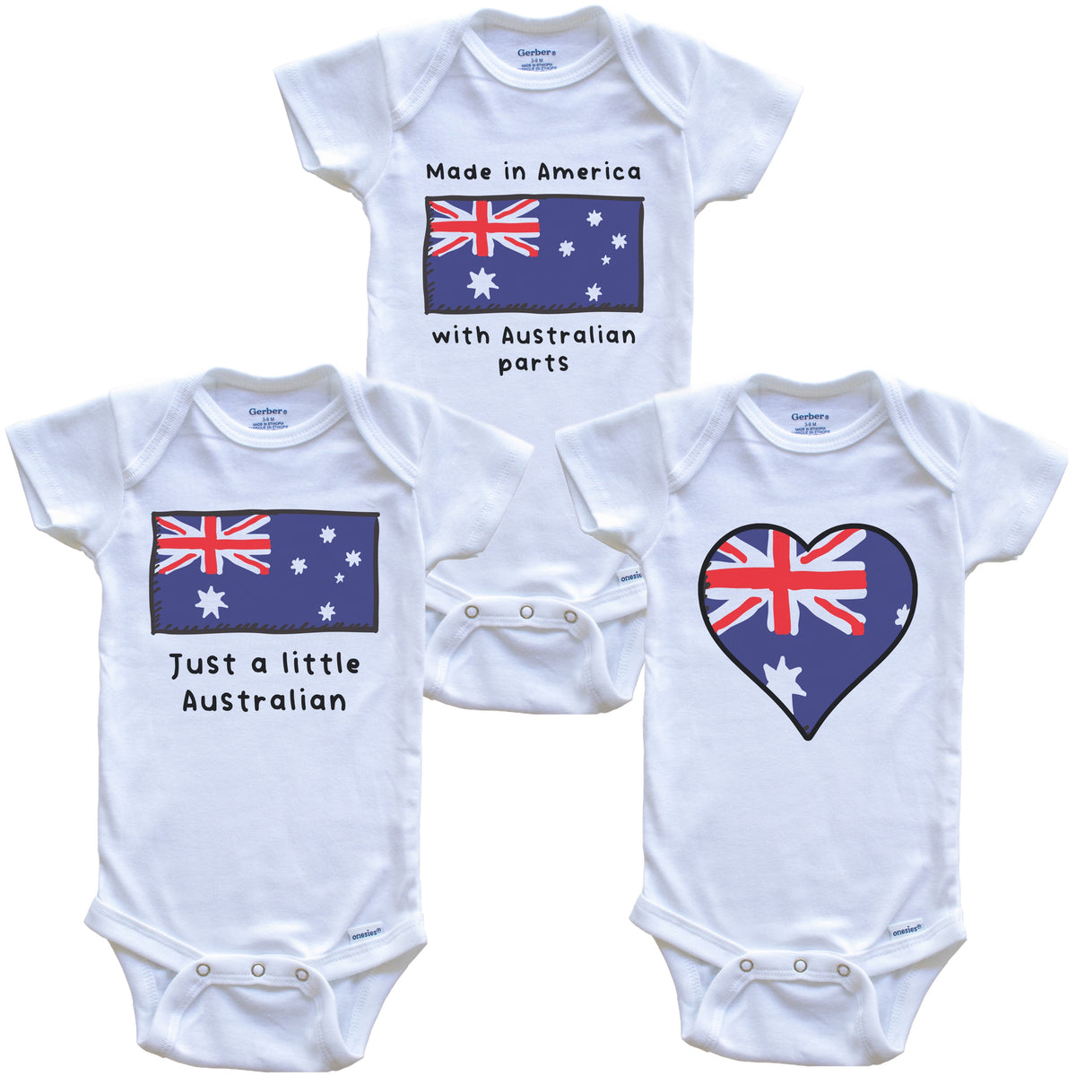 Made in America with Australian Parts Funny Australia Flag Baby Bodysuit Bundle (3 Piece Gift Set)