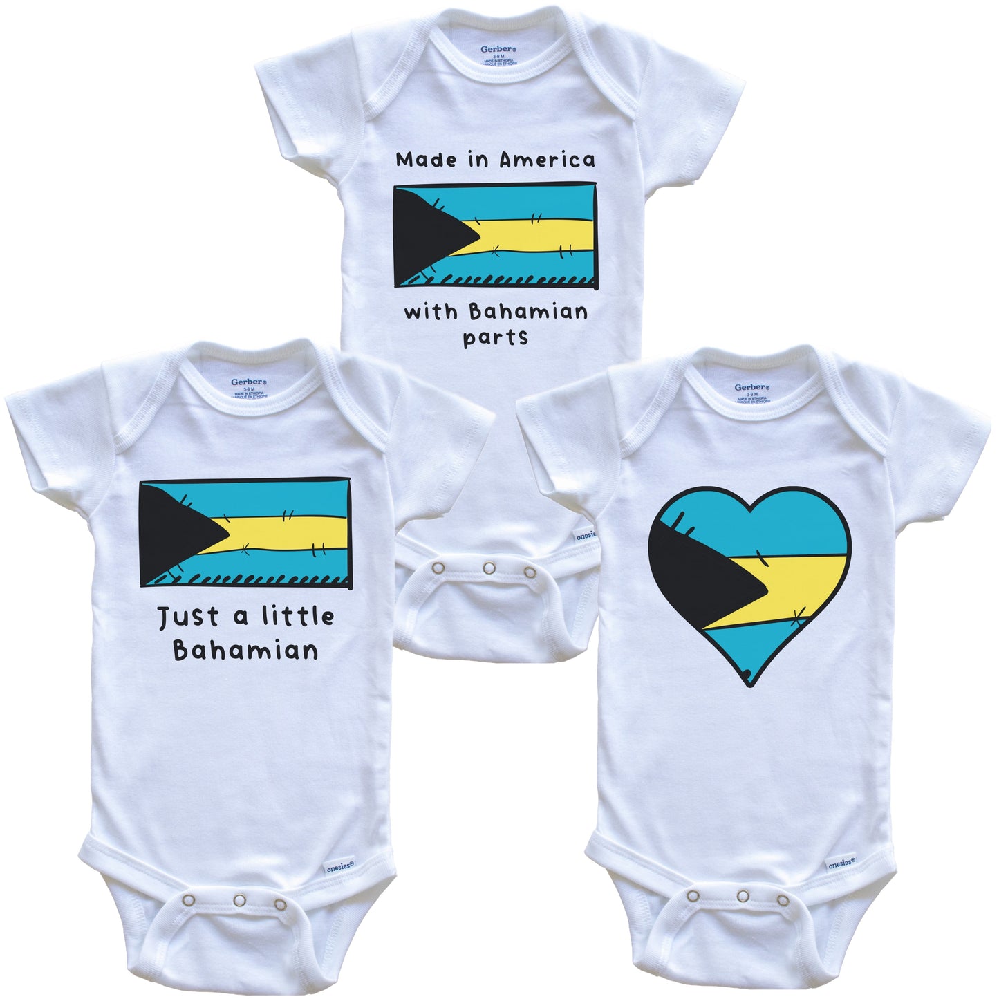 Made in America with Bahamian Parts Funny Bahamas Flag Baby Bodysuit Bundle (3 Piece Gift Set)