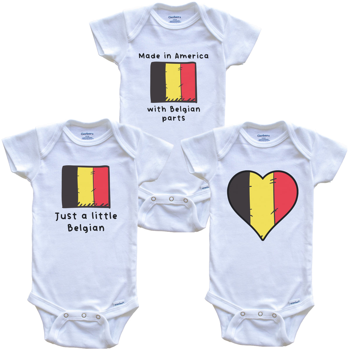 Made in America with Belgian Parts Funny Belgium Flag Baby Bodysuit Bundle (3 Piece Gift Set)