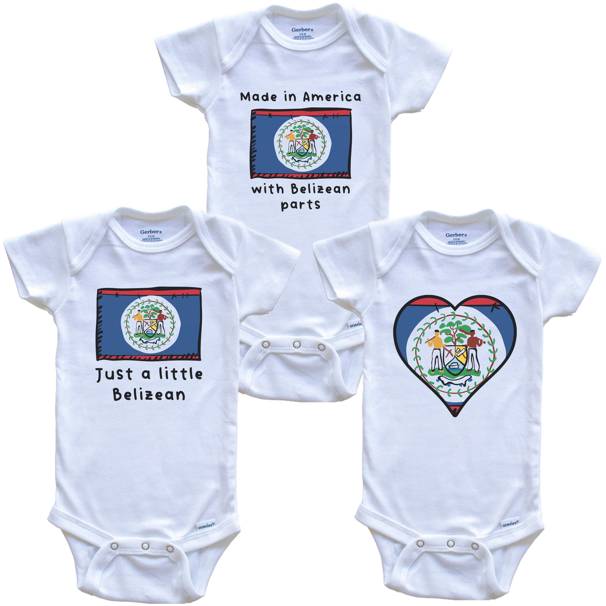 Made in America with Belizean Parts Funny Belize Flag Baby Bodysuit Bundle (3 Piece Gift Set)