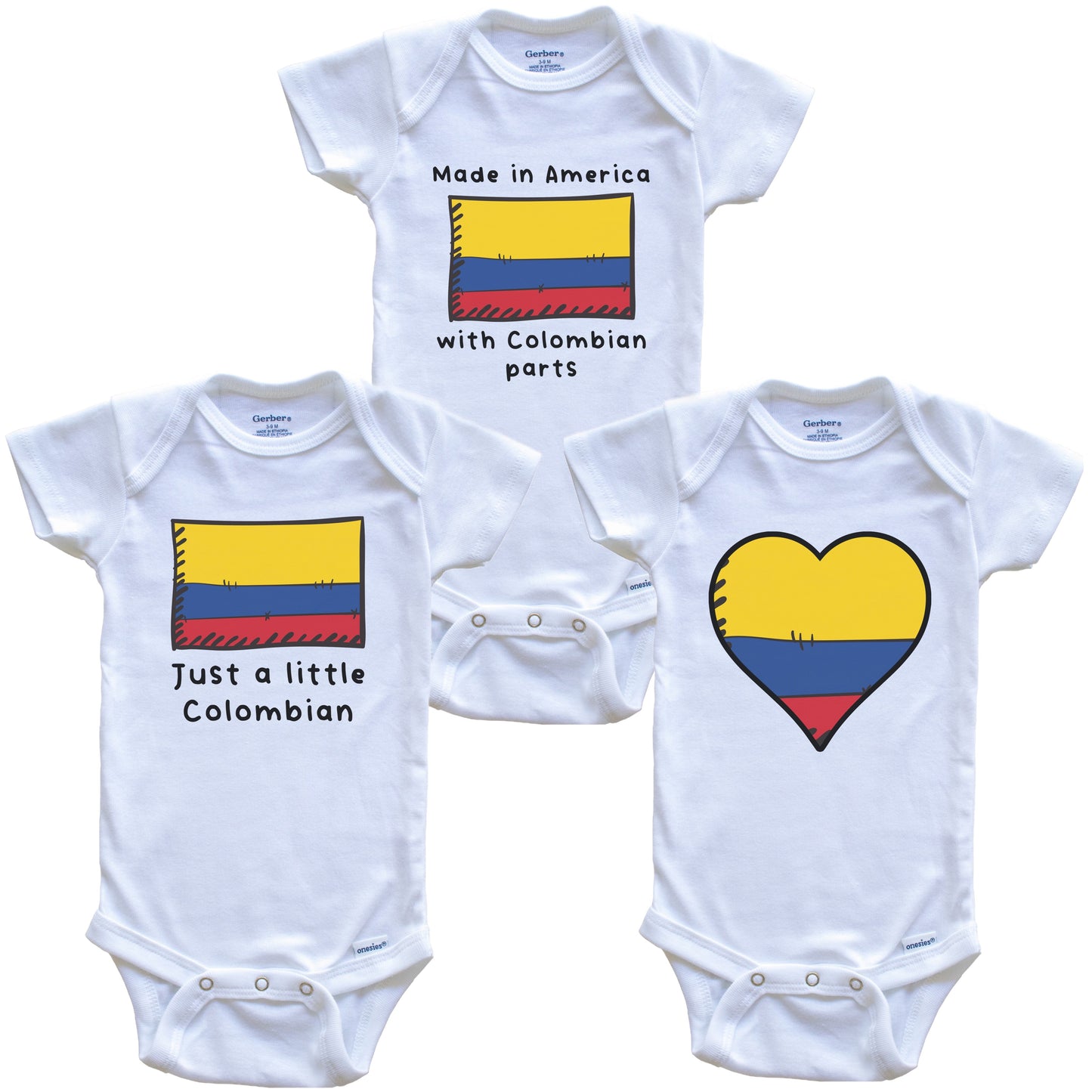 Made in America with Colombian Parts Funny Colombia Flag Baby Bodysuit Bundle (3 Piece Gift Set)