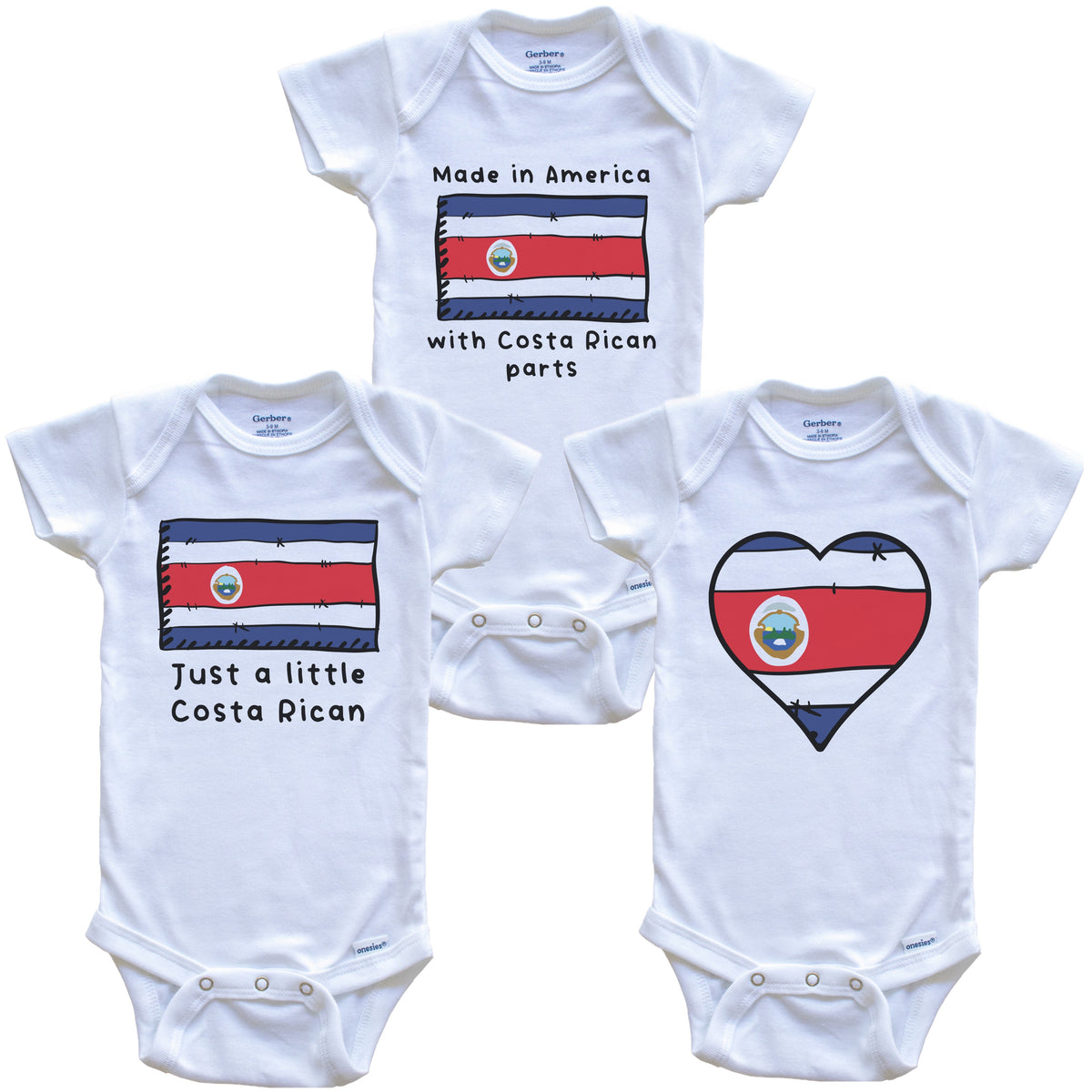 Made in America with Costa Rican Parts Funny Costa Rica Flag Baby Bodysuit Bundle (3 Piece Gift Set)