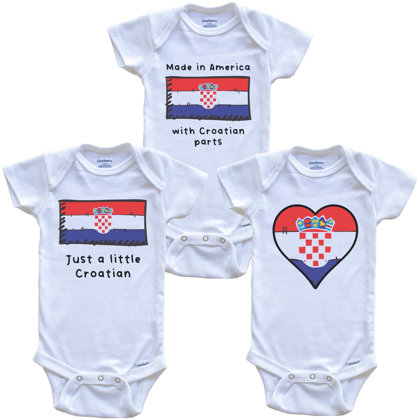Made in America with Croatian Parts Funny Croatia Flag Baby Bodysuit Bundle (3 Piece Gift Set)