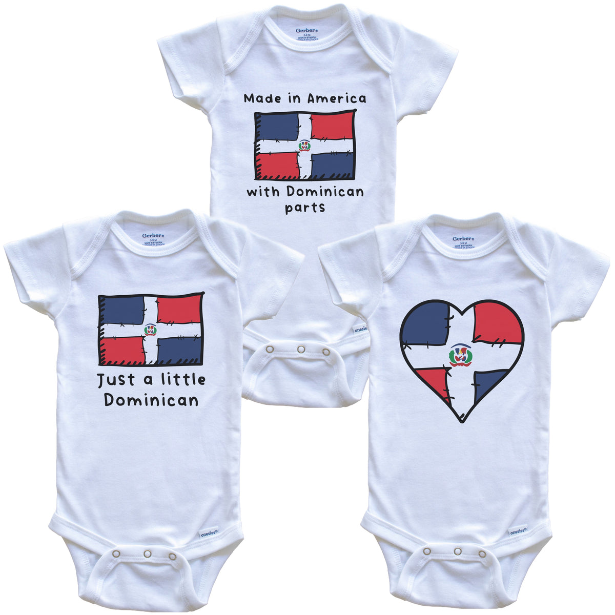 Made in America with Dominican Parts Funny Dominican Republic Flag Baby Bodysuit Bundle (3 Piece Gift Set)