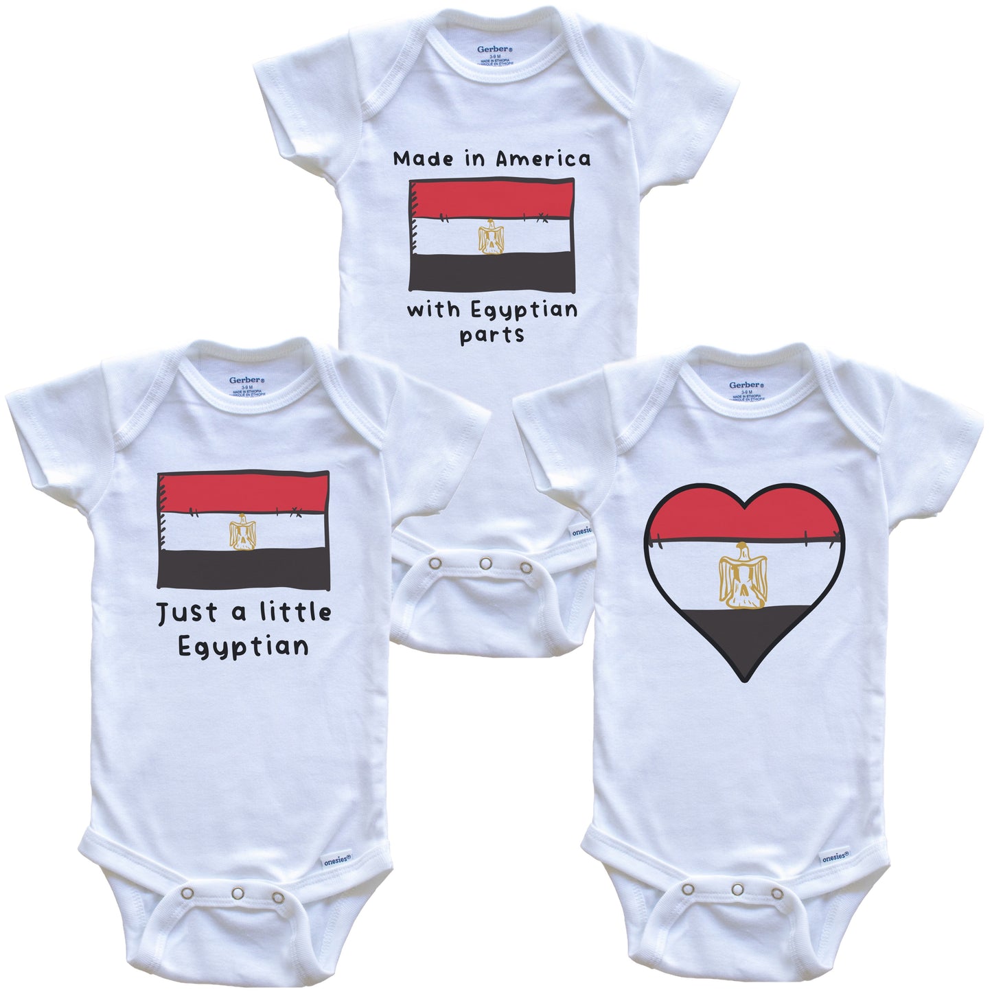 Made in America with Egyptian Parts Funny Egypt Flag Baby Bodysuit Bundle (3 Piece Gift Set)