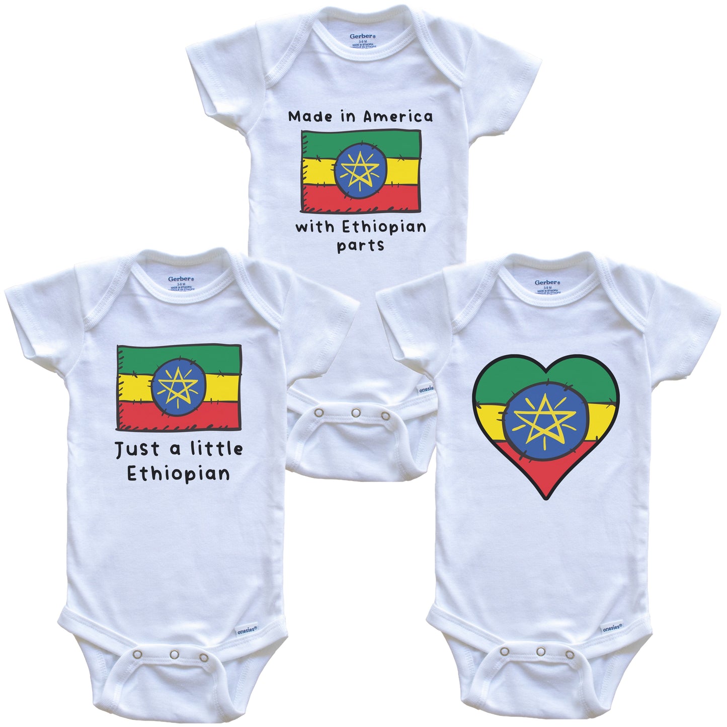 Made in America with Ethiopian Parts Funny Ethiopia Flag Baby Bodysuit Bundle (3 Piece Gift Set)