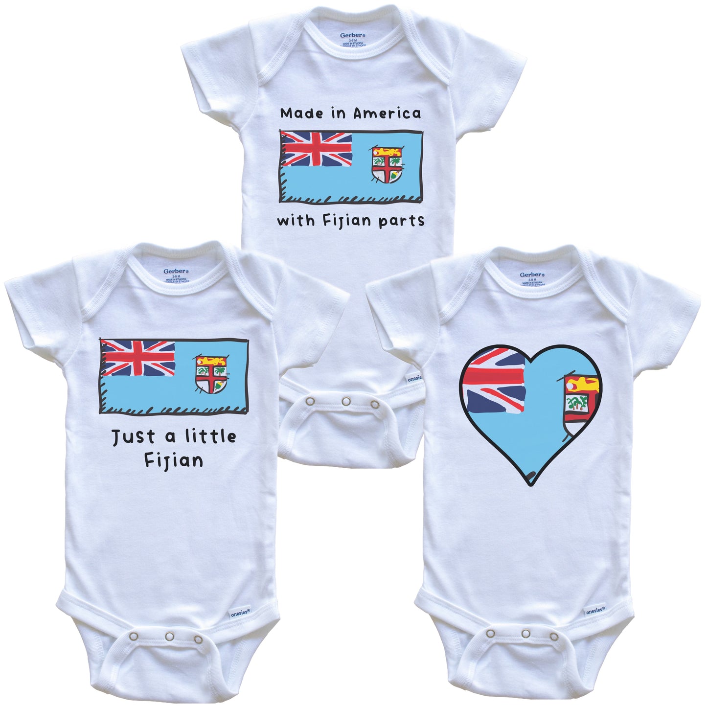 Made in America with Fijian Parts Funny Fiji Flag Baby Bodysuit Bundle (3 Piece Gift Set)