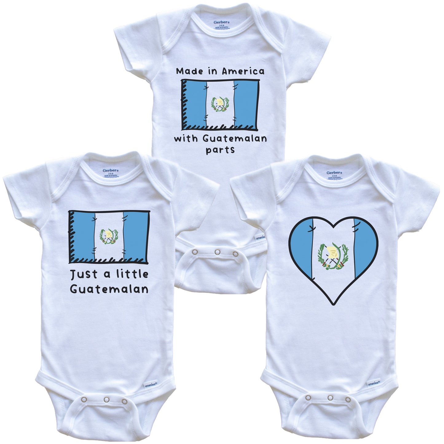 Made in America with Guatemalan Parts Funny Guatemala Flag Baby Bodysuit Bundle (3 Piece Gift Set)