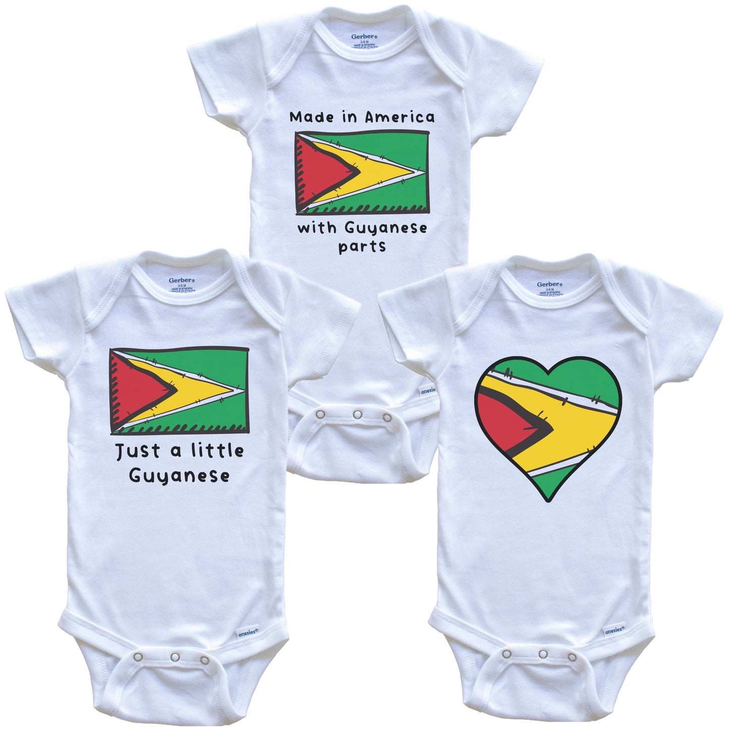 Made in America with Guyanese Parts Funny Guyana Flag Baby Bodysuit Bundle (3 Piece Gift Set)