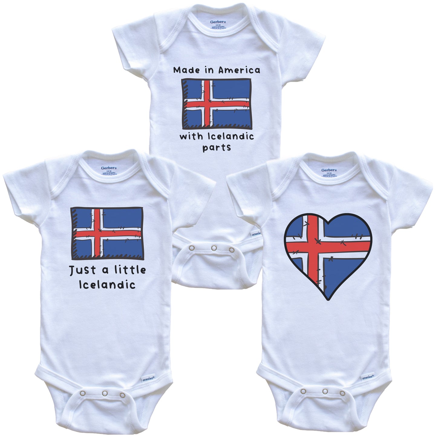 Made in America with Icelandic Parts Funny Iceland Flag Baby Bodysuit Bundle (3 Piece Gift Set)