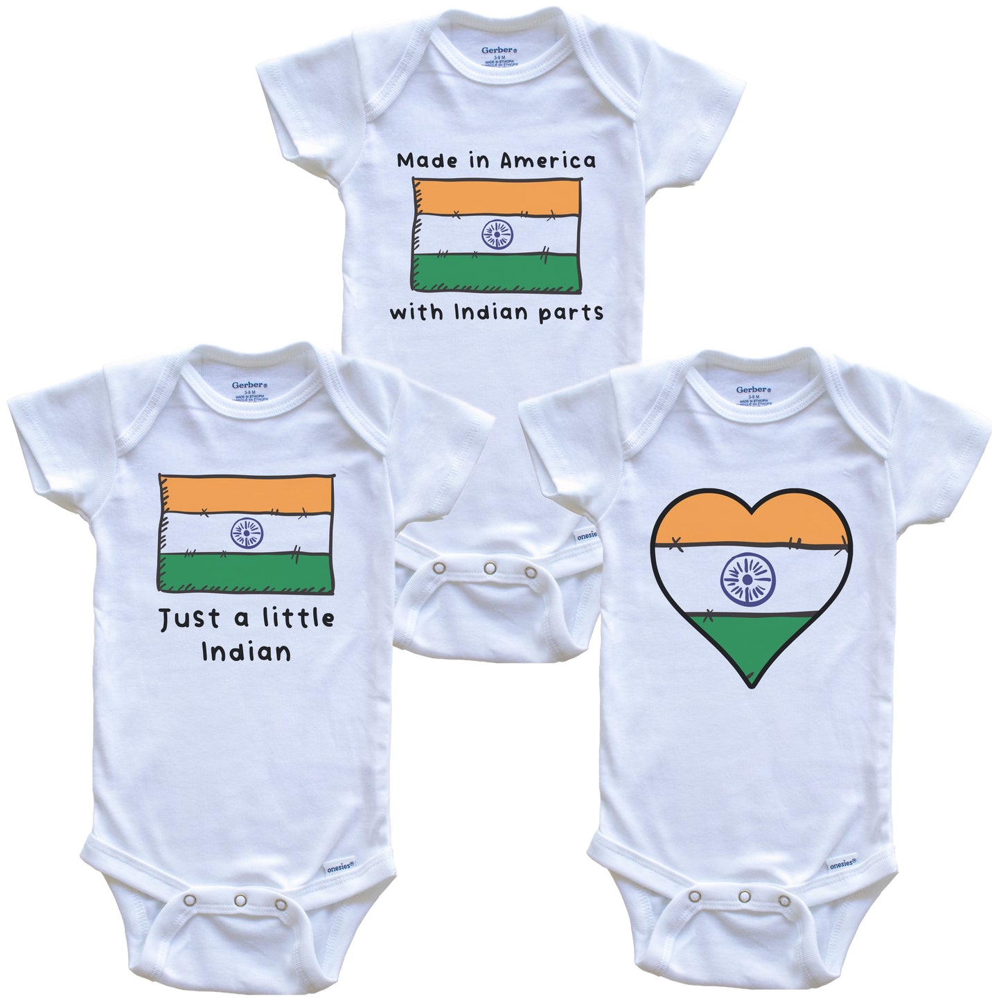 Made in America with Indian Parts Funny India Flag Baby Bodysuit Bundle (3 Piece Gift Set)