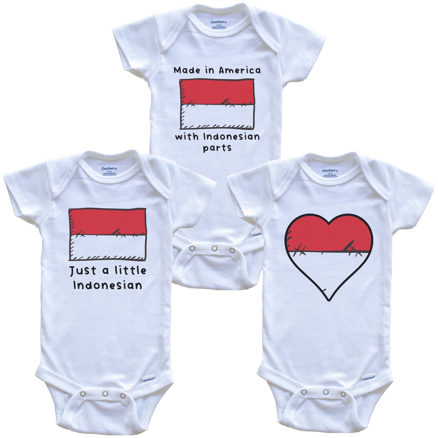 Made in America with Indonesian Parts Funny Indonesia Flag Baby Bodysuit Bundle (3 Piece Gift Set)