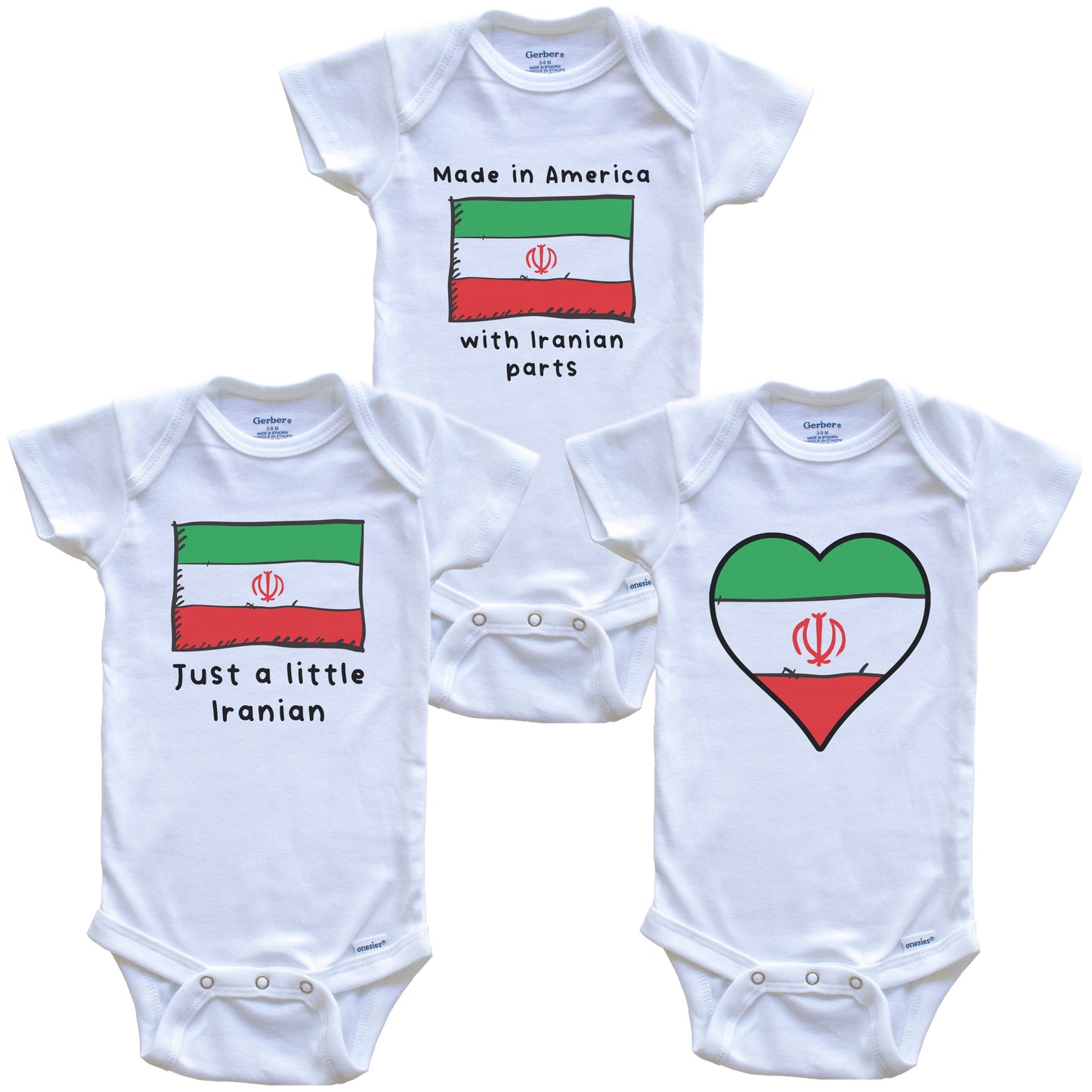 Made in America with Iranian Parts Funny Iran Flag Baby Bodysuit Bundle (3 Piece Gift Set)