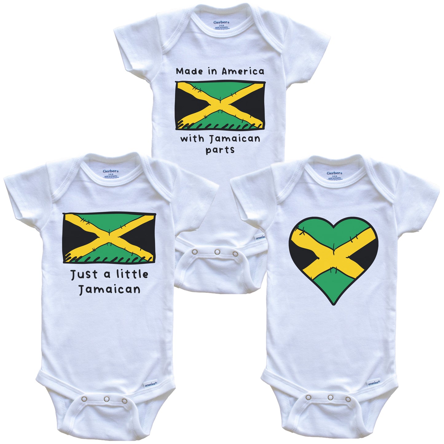 Made in America with Jamaican Parts Funny Jamaica Flag Baby Bodysuit Bundle (3 Piece Gift Set)
