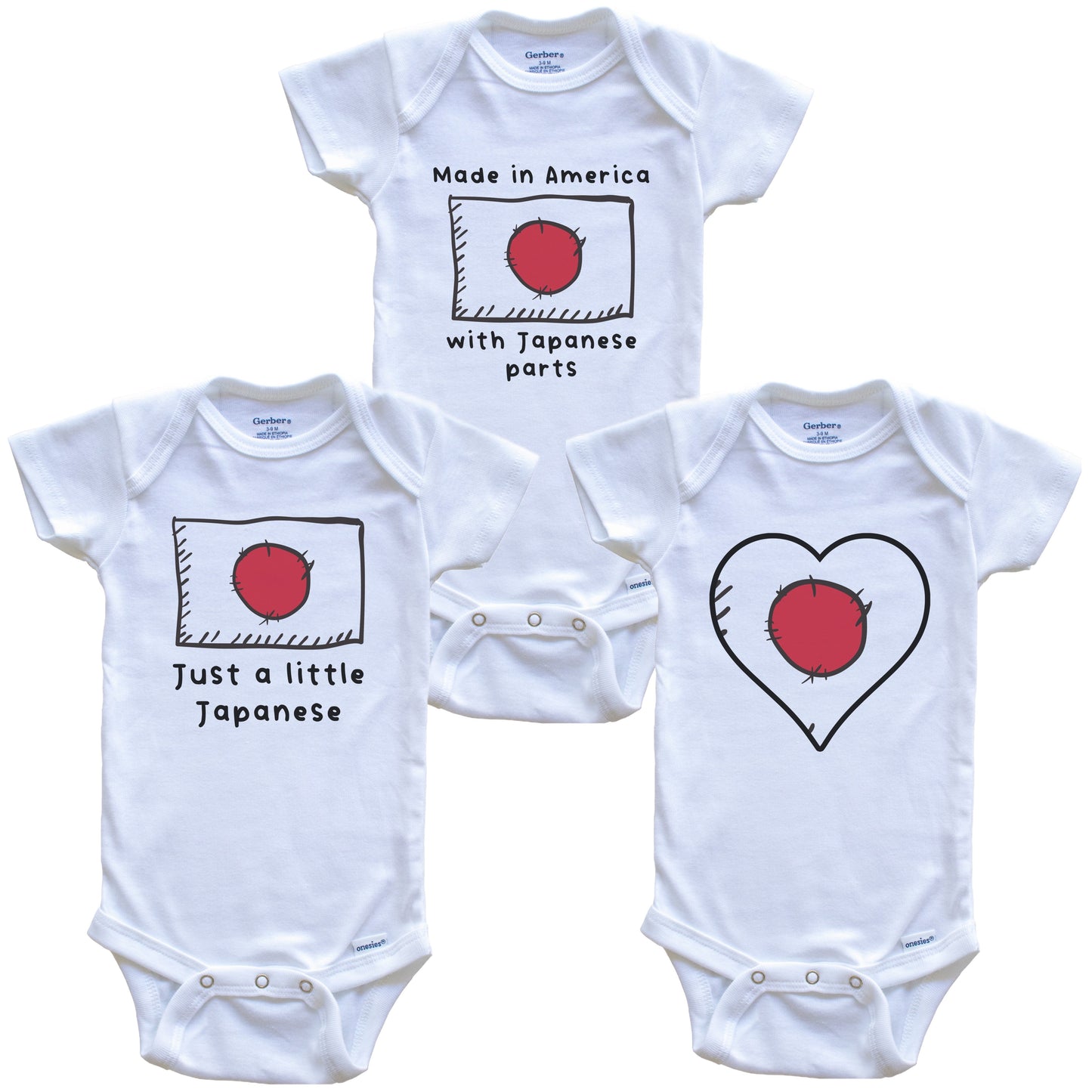 Made in America with Japanese Parts Funny Japan Flag Baby Bodysuit Bundle (3 Piece Gift Set)