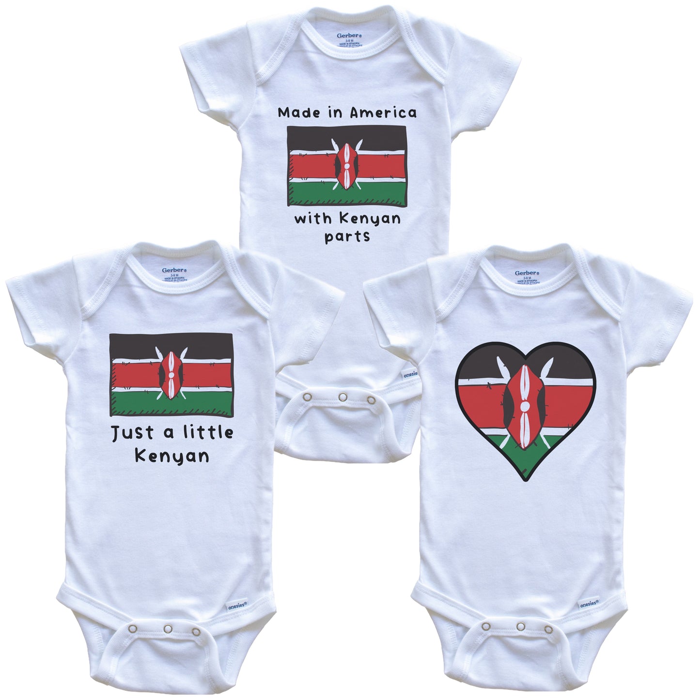 Made in America with Kenyan Parts Funny Kenya Flag Baby Bodysuit Bundle (3 Piece Gift Set)