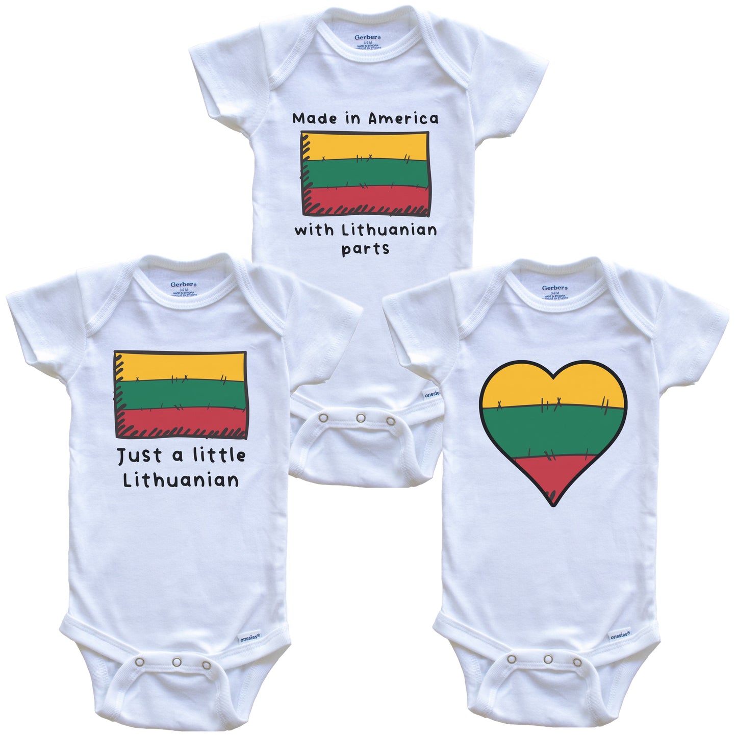 Made in America with Lithuanian Parts Funny Lithuania Flag Baby Bodysuit Bundle (3 Piece Gift Set)