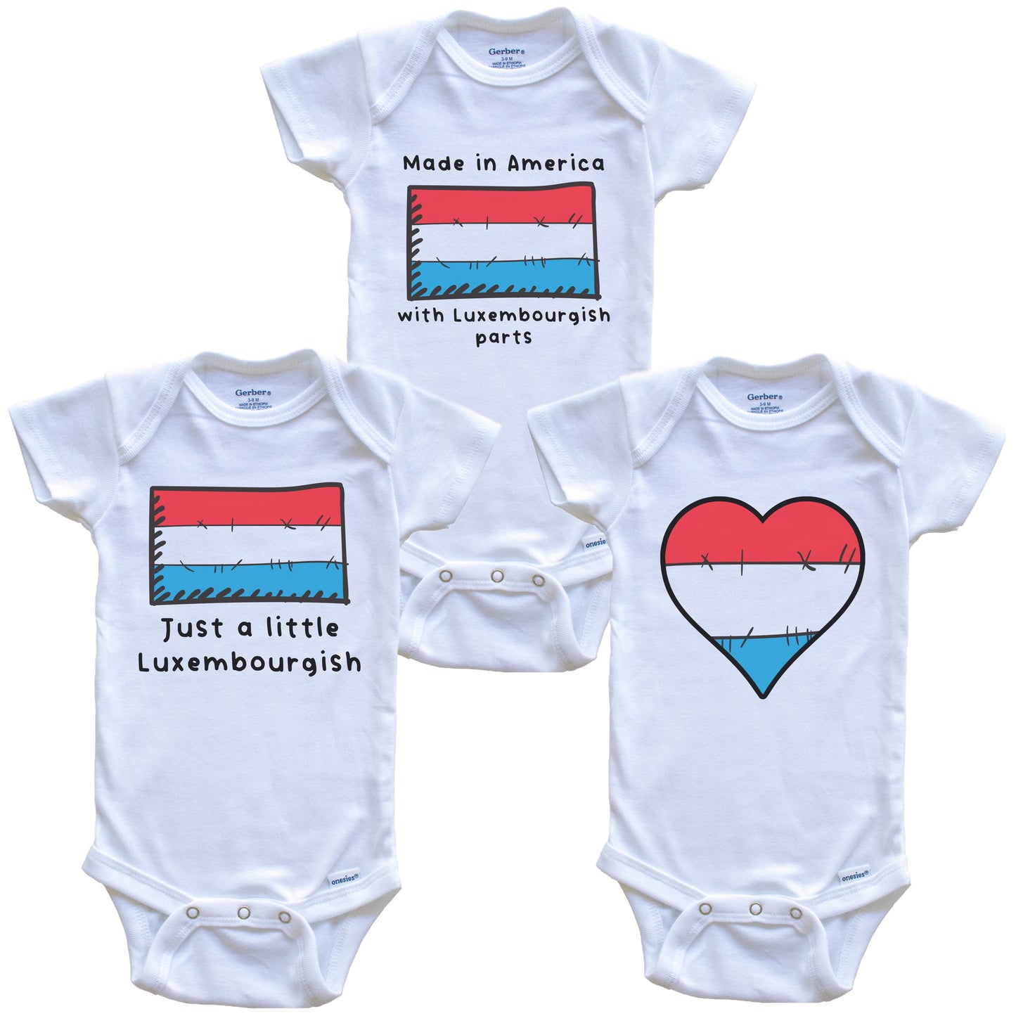 Made in America with Luxembourgish Parts Funny Luxembourg Flag Baby Bodysuit Bundle (3 Piece Gift Set)