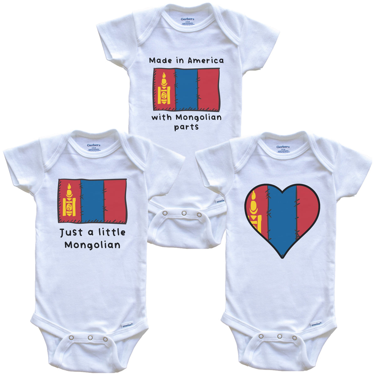 Made in America with Mongolian Parts Funny Mongolia Flag Baby Bodysuit Bundle (3 Piece Gift Set)