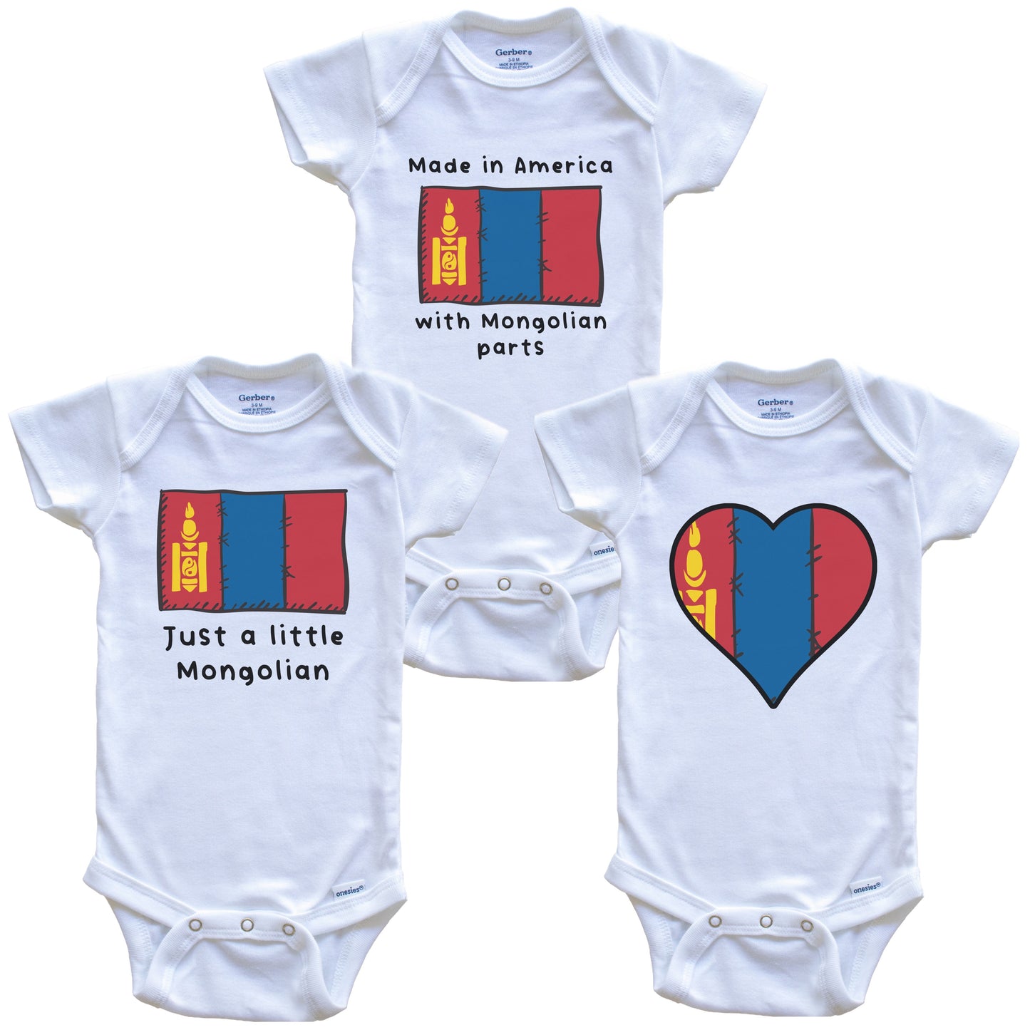 Made in America with Mongolian Parts Funny Mongolia Flag Baby Bodysuit Bundle (3 Piece Gift Set)