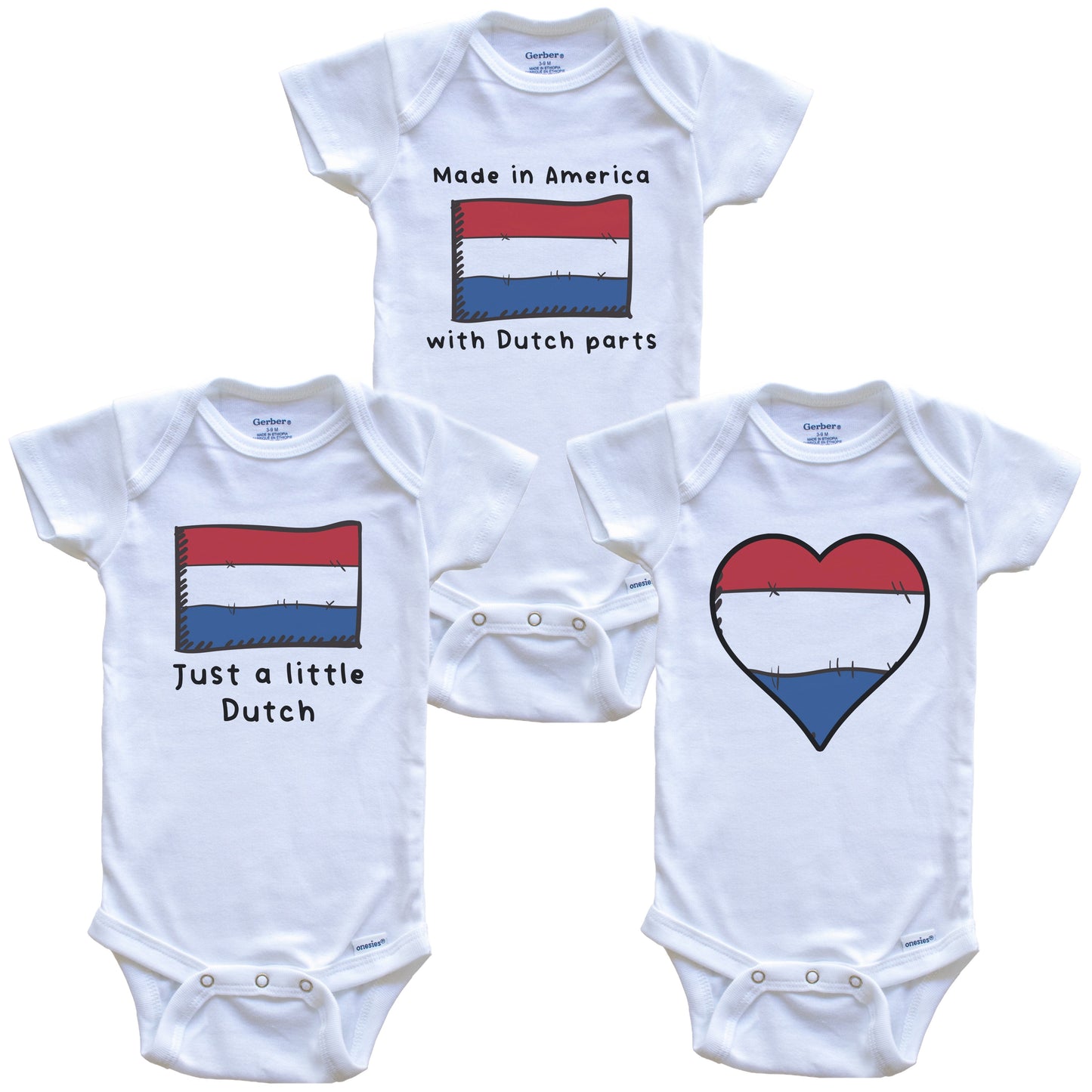 Made in America with Dutch Parts Funny Netherlands Flag Baby Bodysuit Bundle (3 Piece Gift Set)