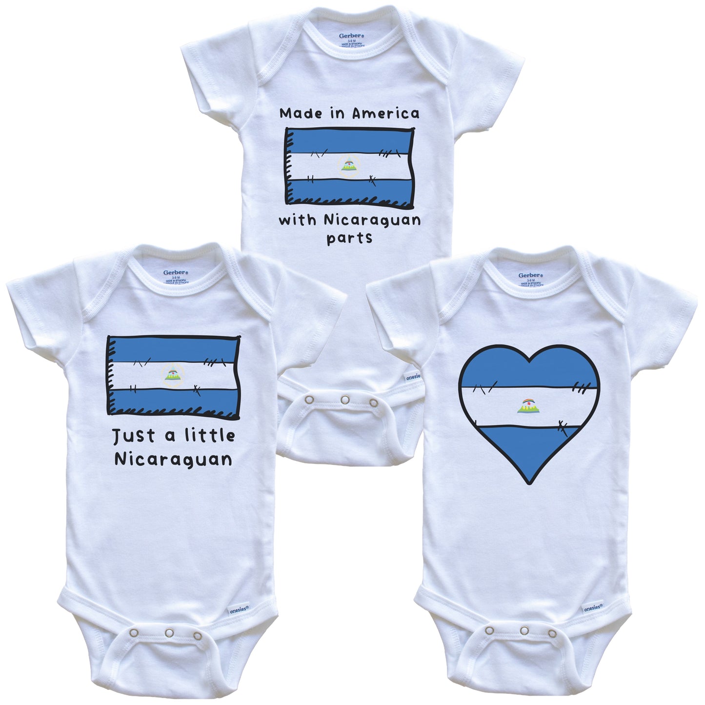Made in America with Nicaraguan Parts Funny Nicaragua Flag Baby Bodysuit Bundle (3 Piece Gift Set)