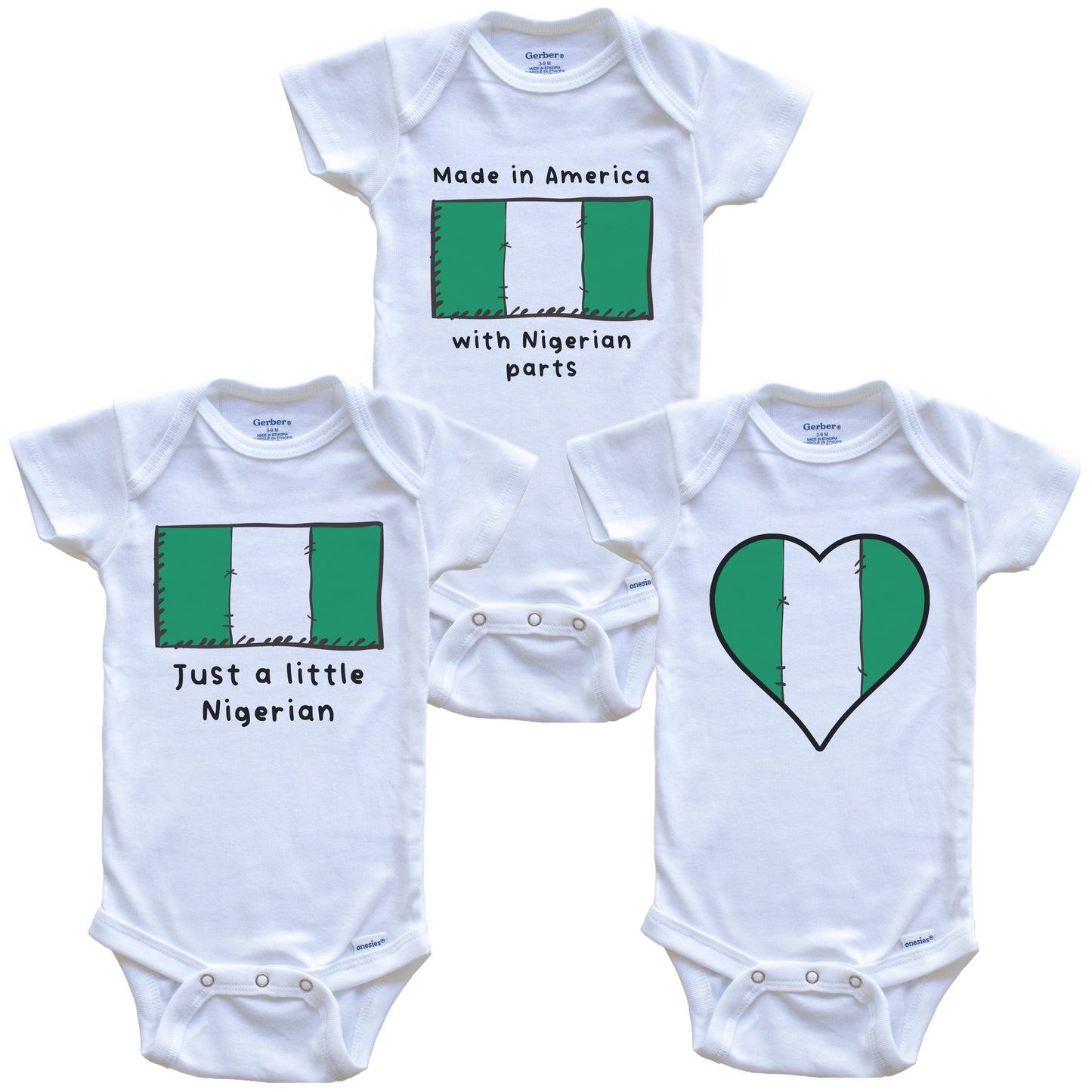 Made in America with Nigerian Parts Funny Nigeria Flag Baby Bodysuit Bundle (3 Piece Gift Set)