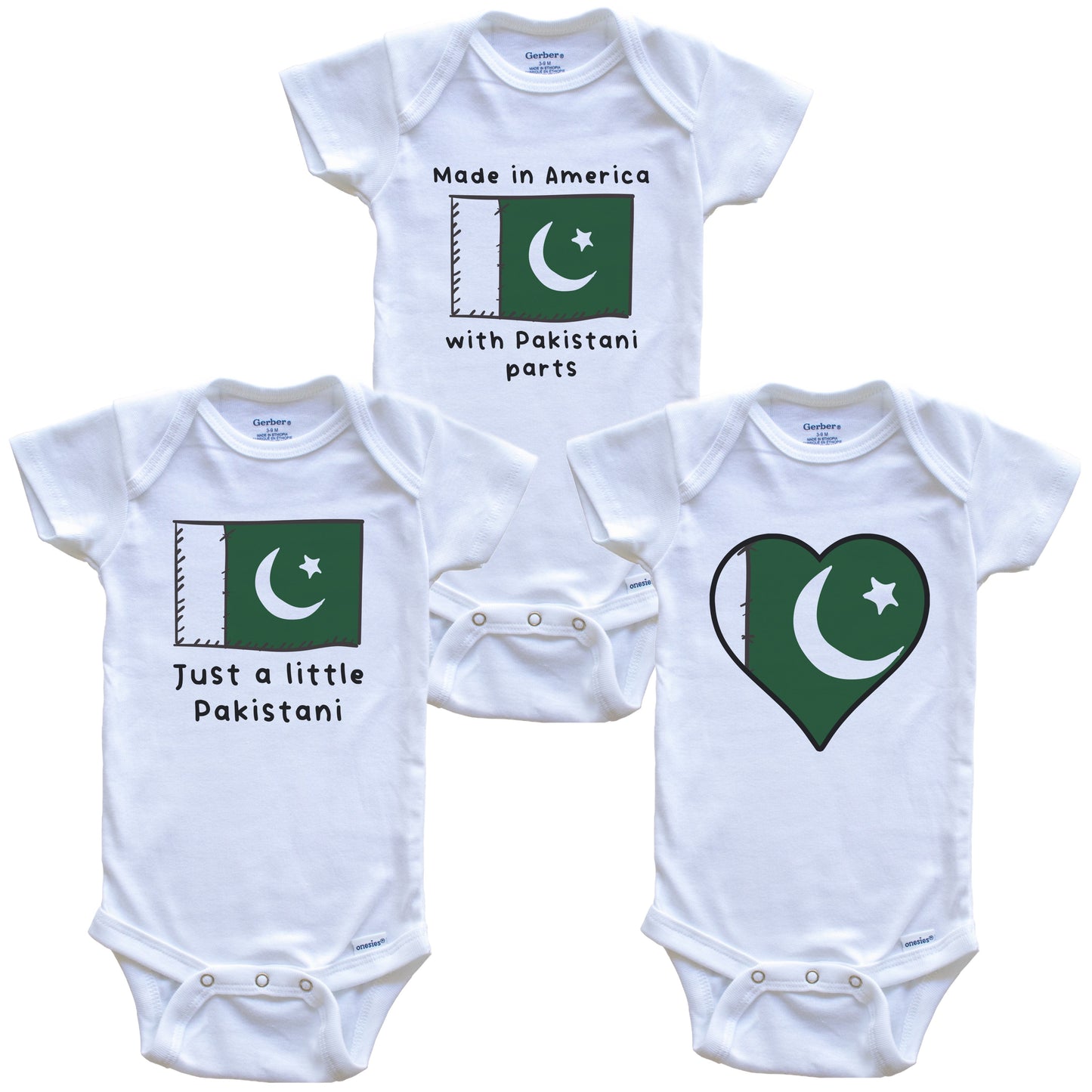 Made in America with Pakistani Parts Funny Pakistan Flag Baby Bodysuit Bundle (3 Piece Gift Set)