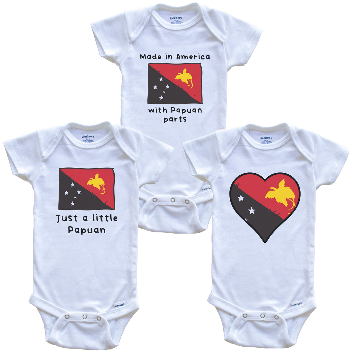 Made in America with Papuan Parts Funny Papua New Guinea Flag Baby Bodysuit Bundle (3 Piece Gift Set)