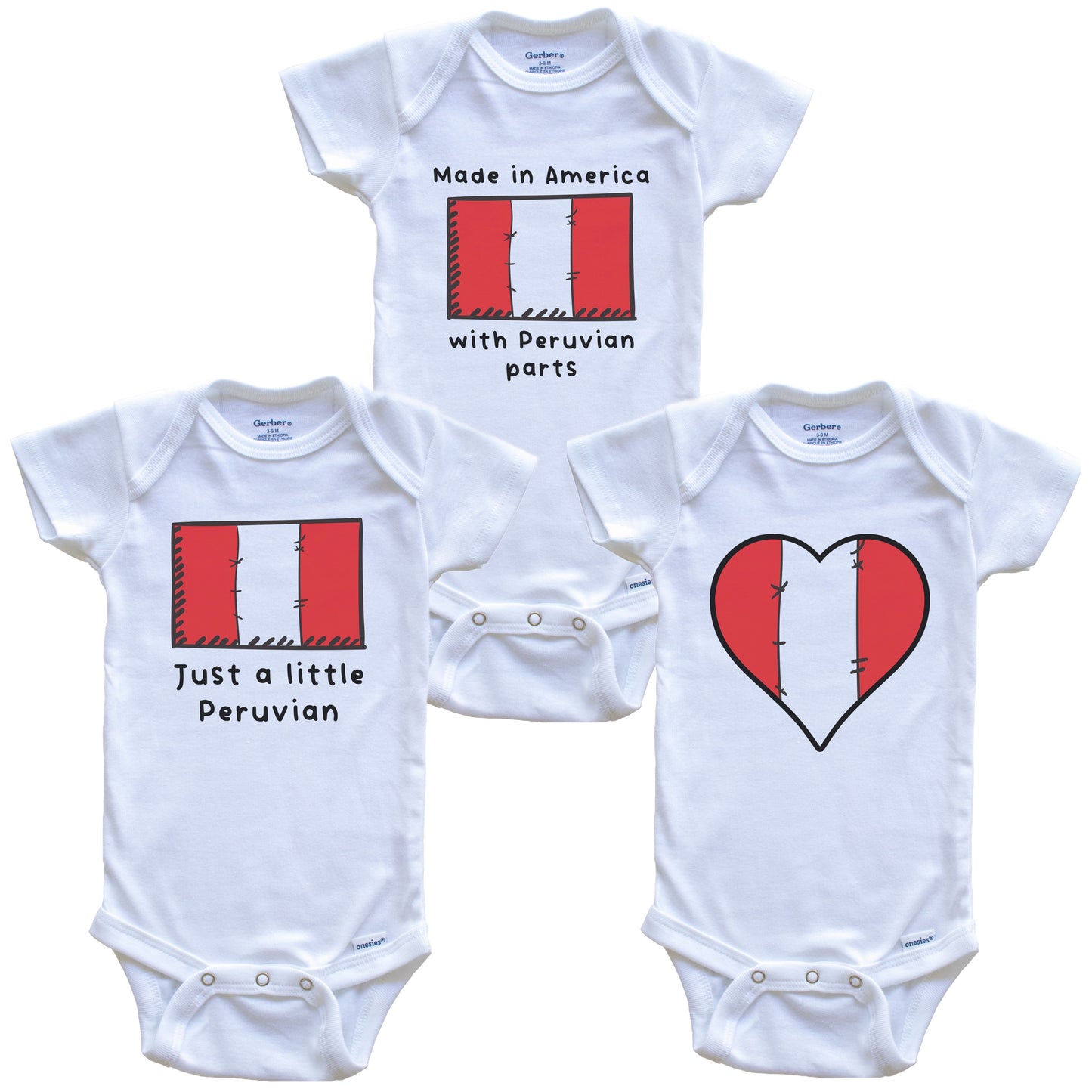 Made in America with Peruvian Parts Funny Peru Flag Baby Bodysuit Bundle (3 Piece Gift Set)
