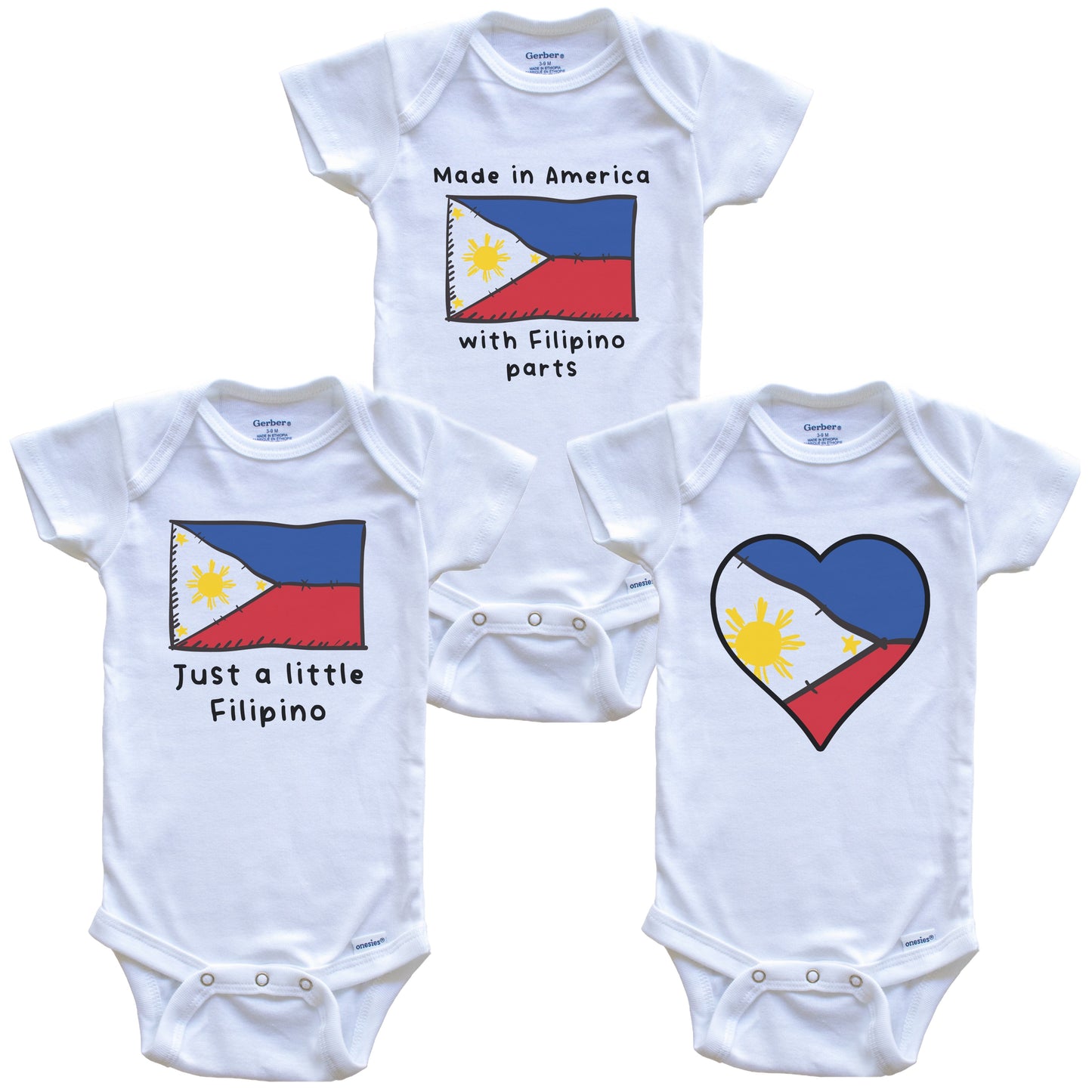 Made in America with Filipino Parts Funny Philippines Flag Baby Bodysuit Bundle (3 Piece Gift Set)