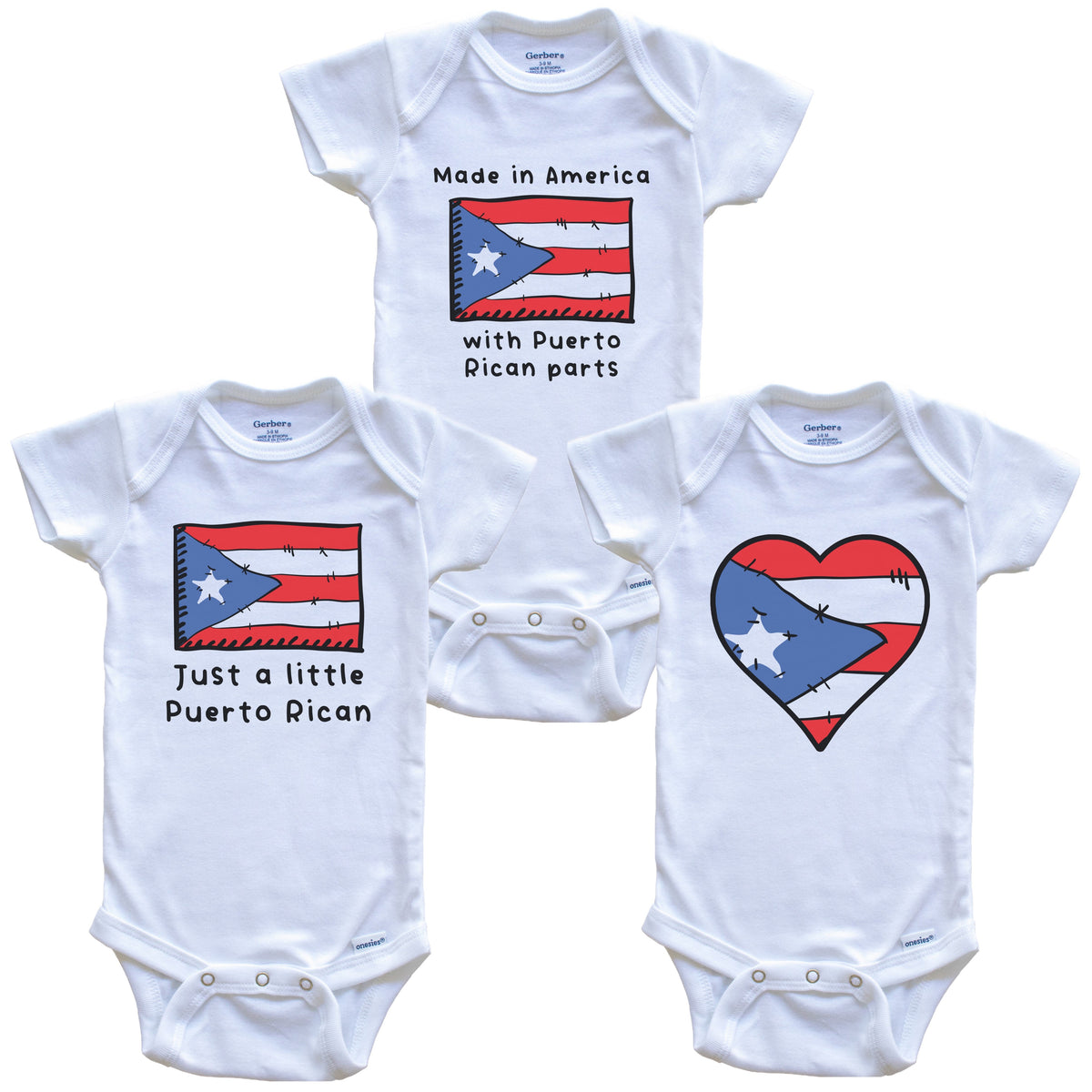 Made in America with Puerto Rican Parts Funny Puerto Rico Flag Baby Bodysuit Bundle (3 Piece Gift Set)