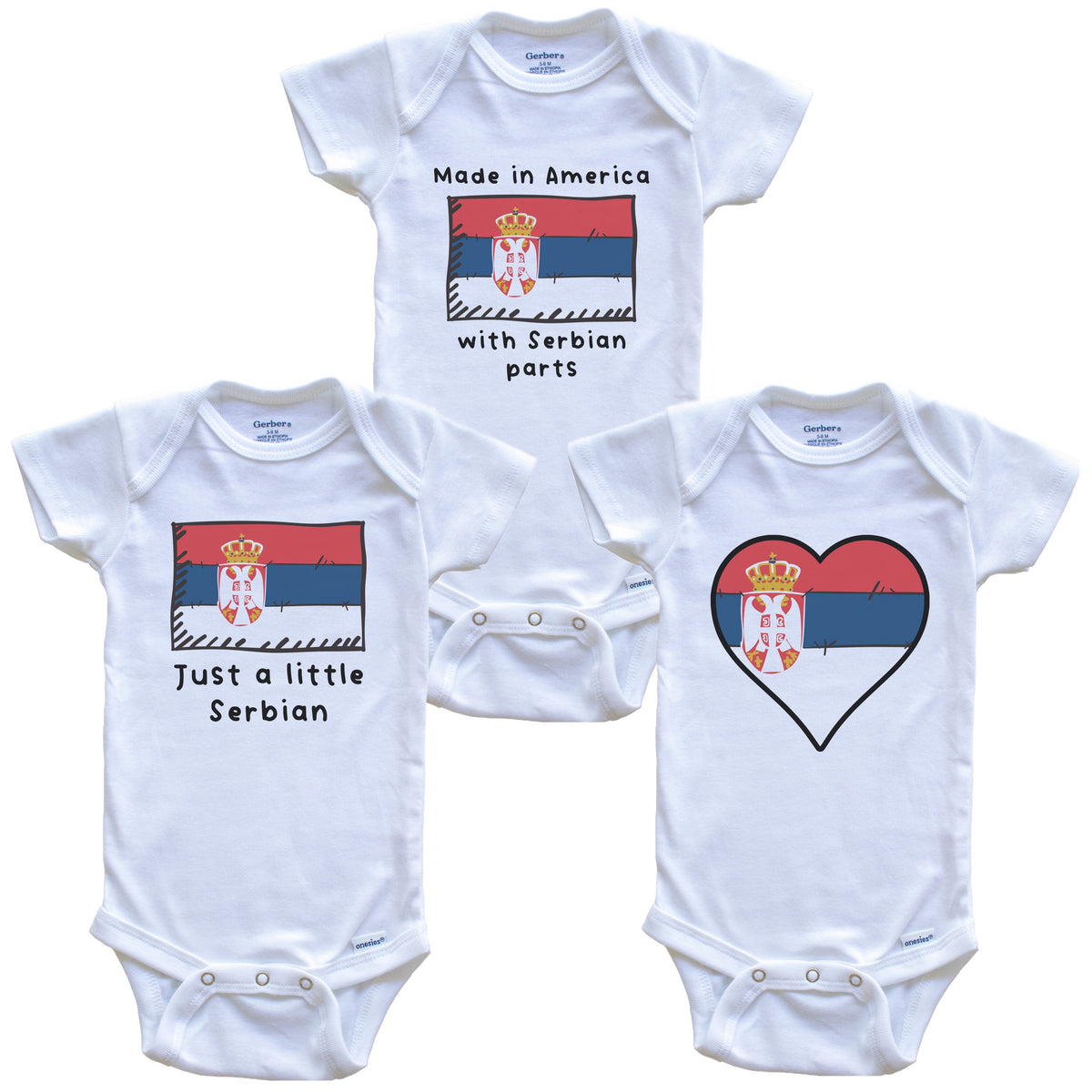 Made in America with Serbian Parts Funny Serbia Flag Baby Bodysuit Bundle (3 Piece Gift Set)