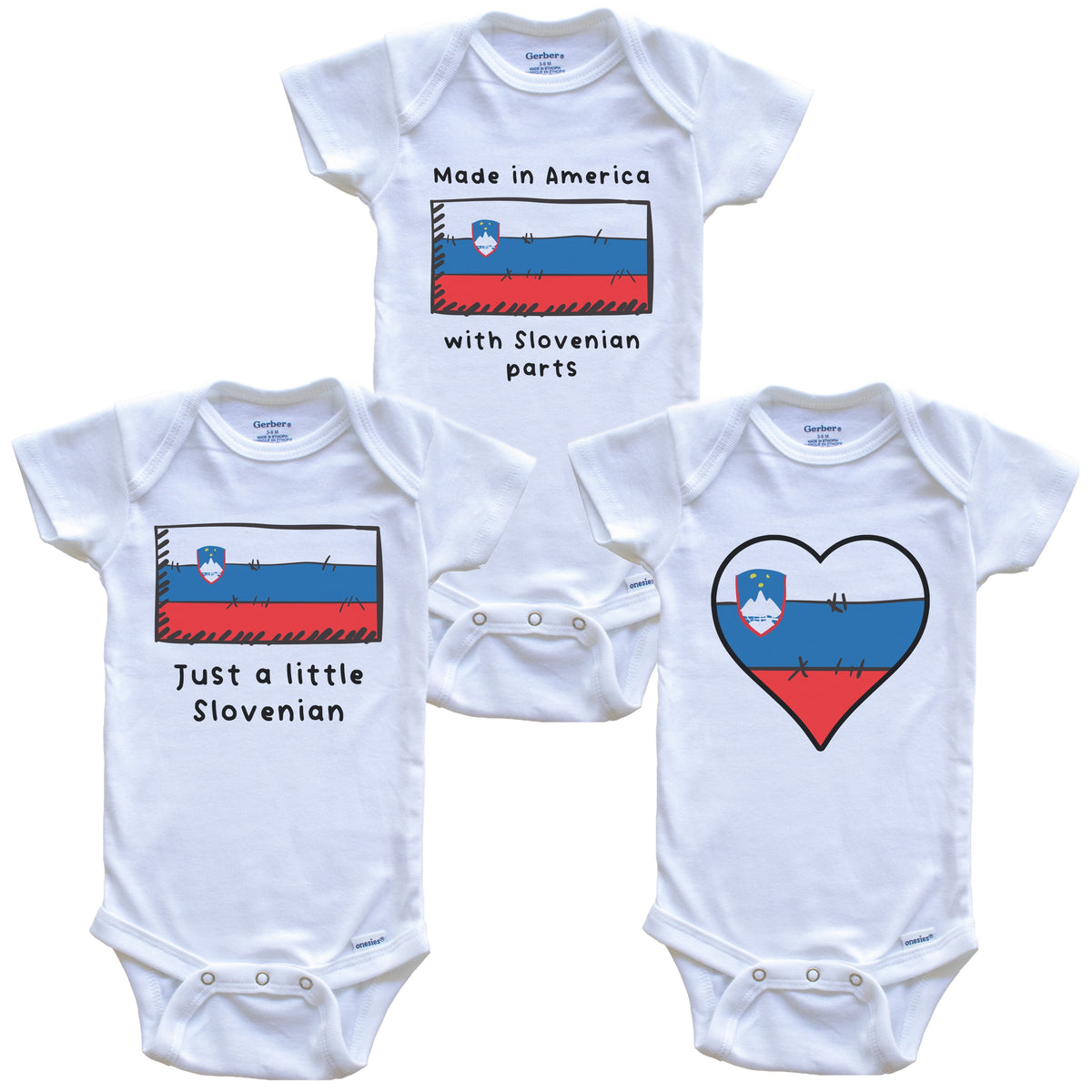 Made in America with Slovenian Parts Funny Slovenia Flag Baby Bodysuit Bundle (3 Piece Gift Set)