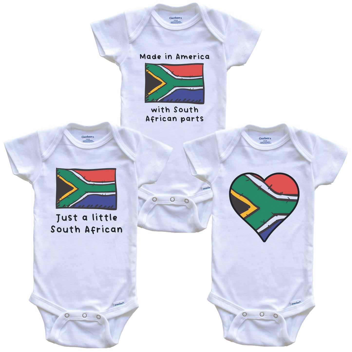 Made in America with South African Parts Funny South Africa Flag Baby Bodysuit Bundle (3 Piece Gift Set)