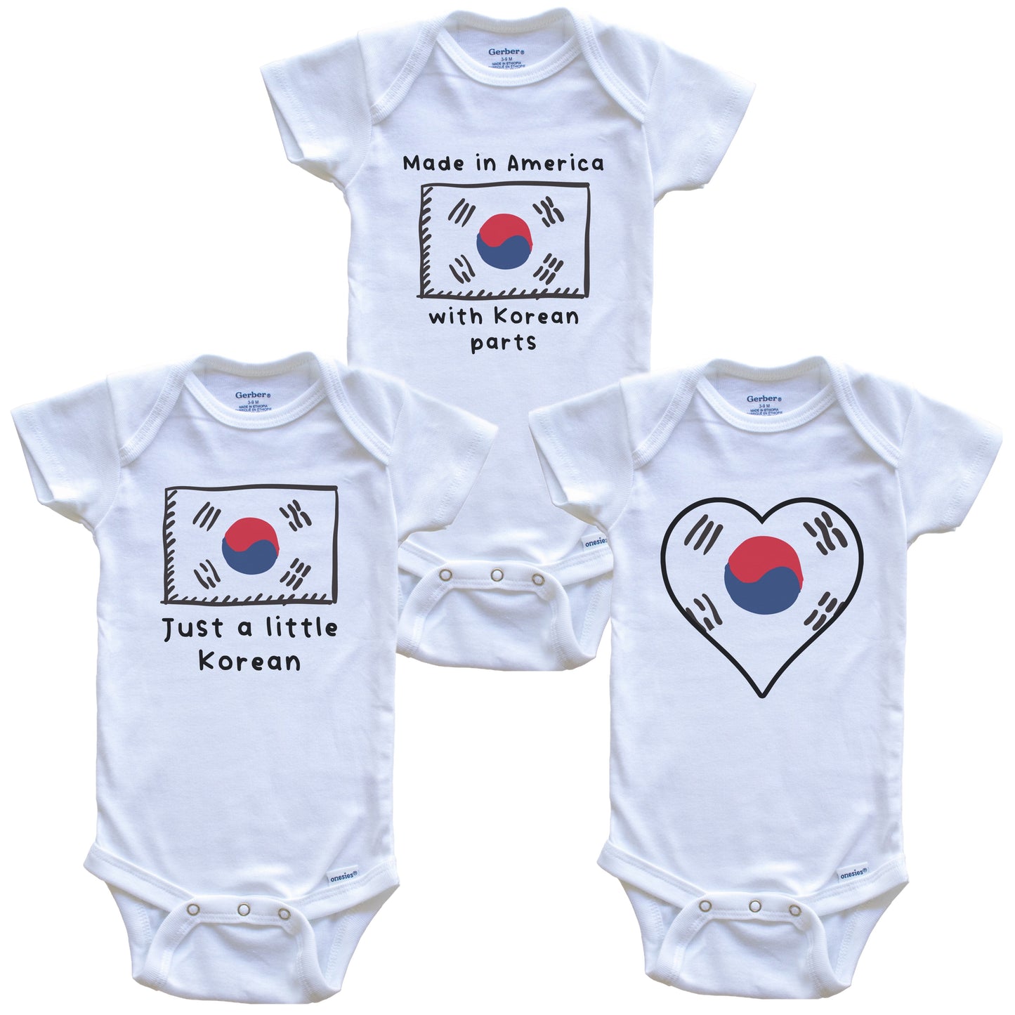 Made in America with Korean Parts Funny South Korea Flag Baby Bodysuit Bundle (3 Piece Gift Set)
