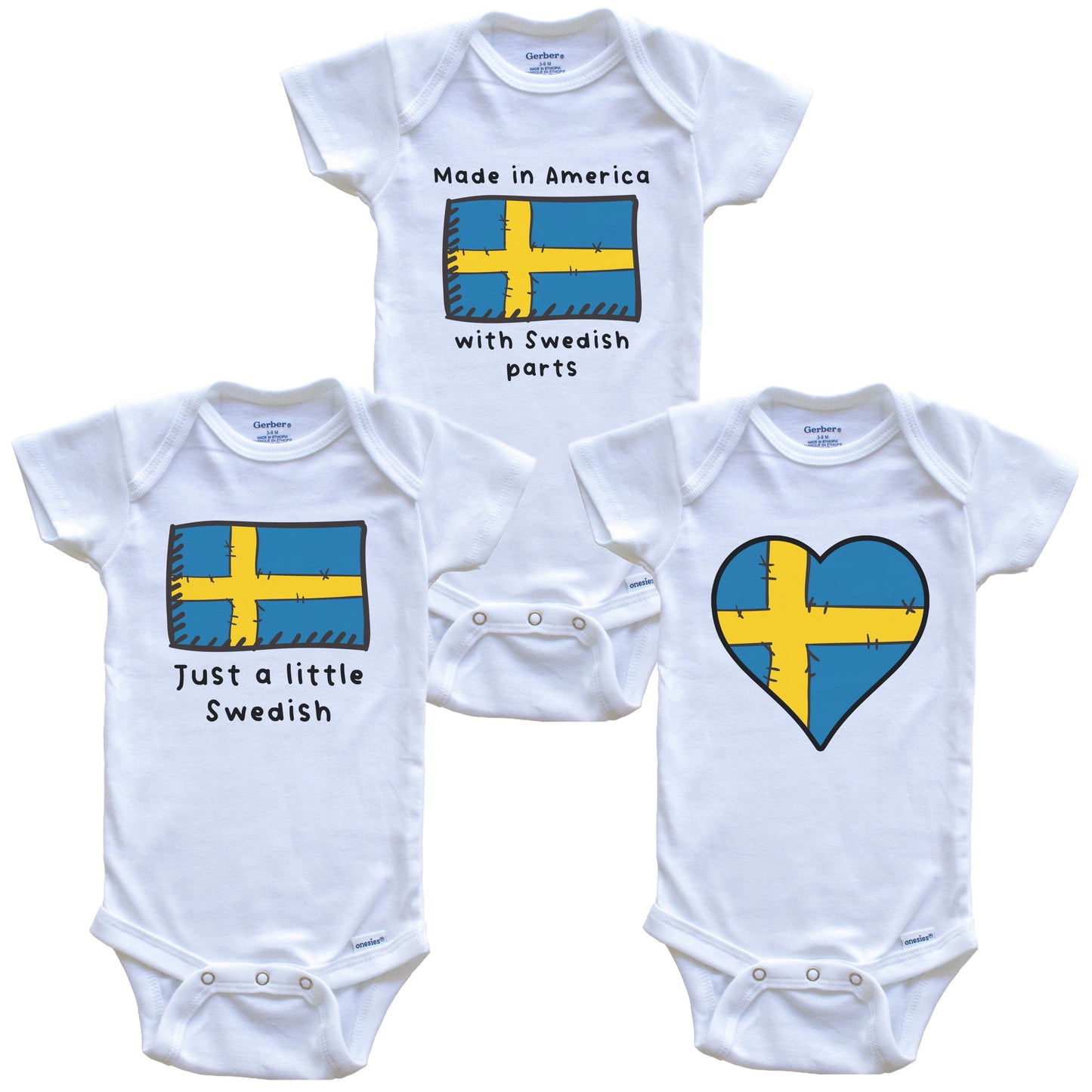 Made in America with Swedish Parts Funny Sweden Flag Baby Bodysuit Bundle (3 Piece Gift Set)