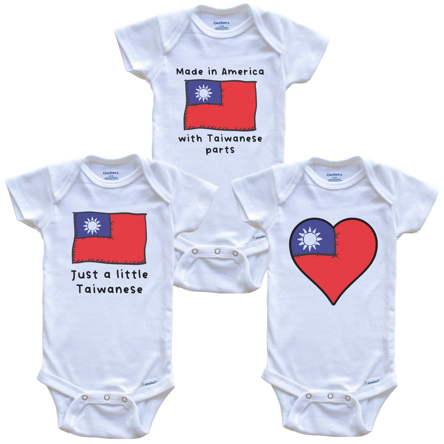 Made in America with Taiwanese Parts Funny Taiwan Flag Baby Bodysuit Bundle (3 Piece Gift Set)