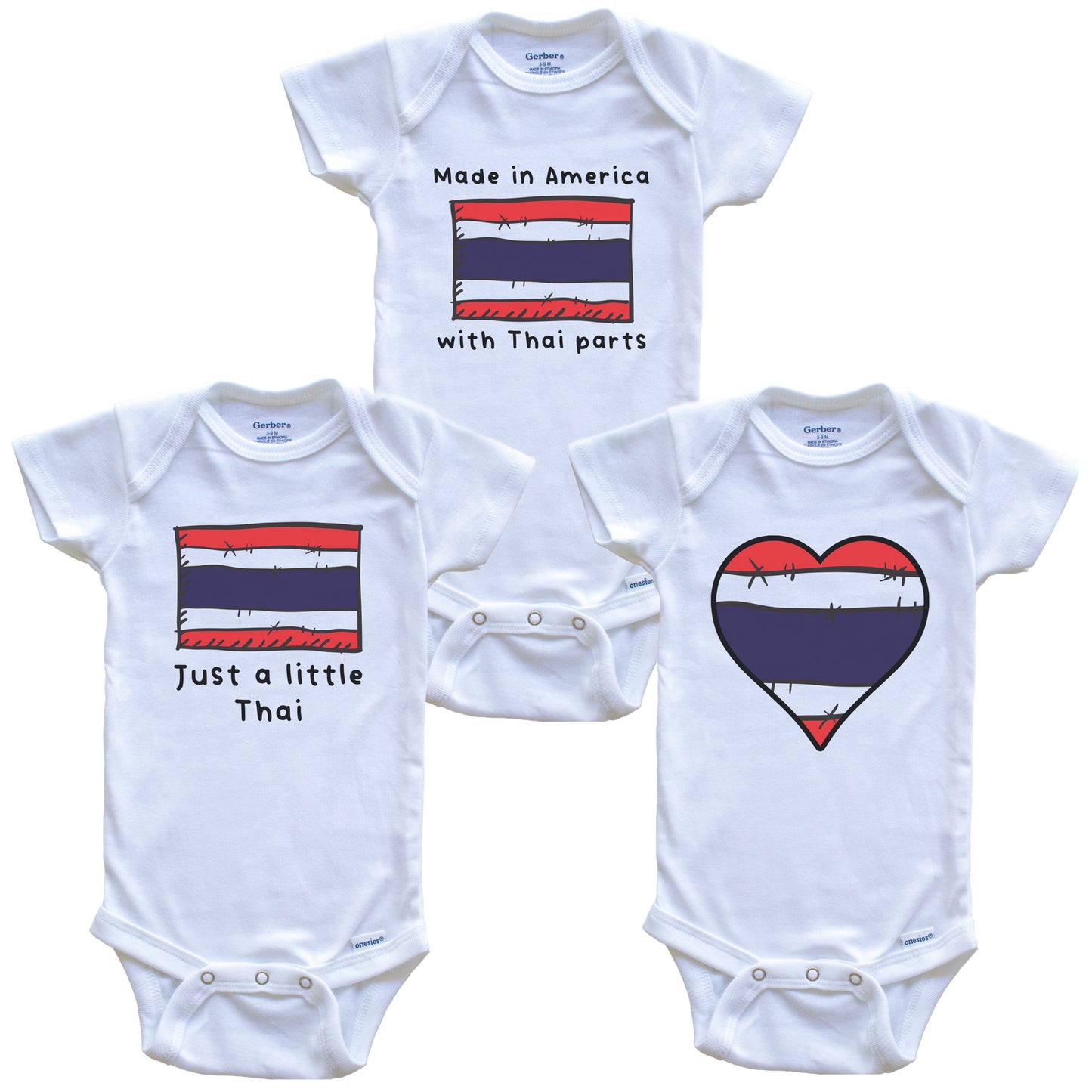Made in America with Thai Parts Funny Thailand Flag Baby Bodysuit Bundle (3 Piece Gift Set)