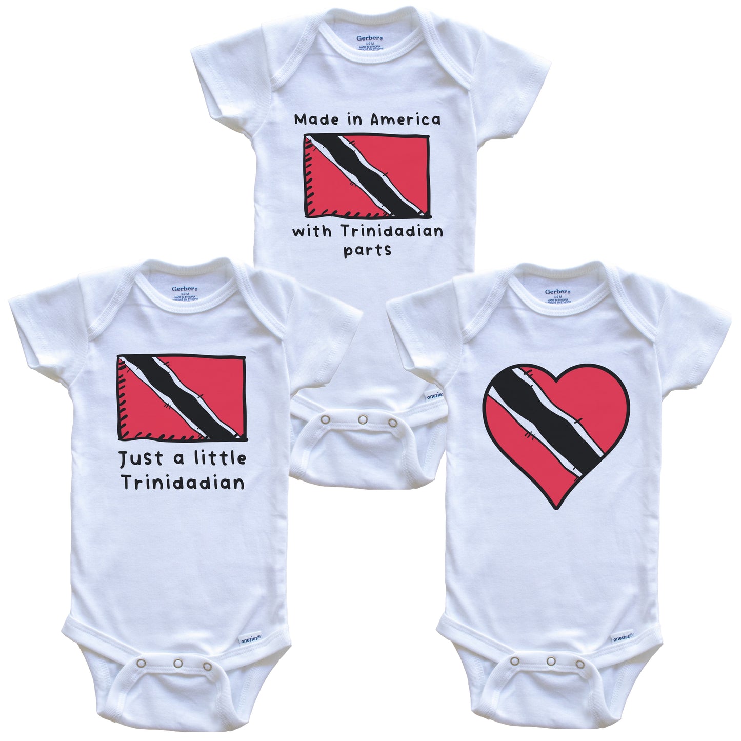 Made in America with Trinidadian Parts Funny Trinidad and Tobago Flag Baby Bodysuit Bundle (3 Piece Gift Set)