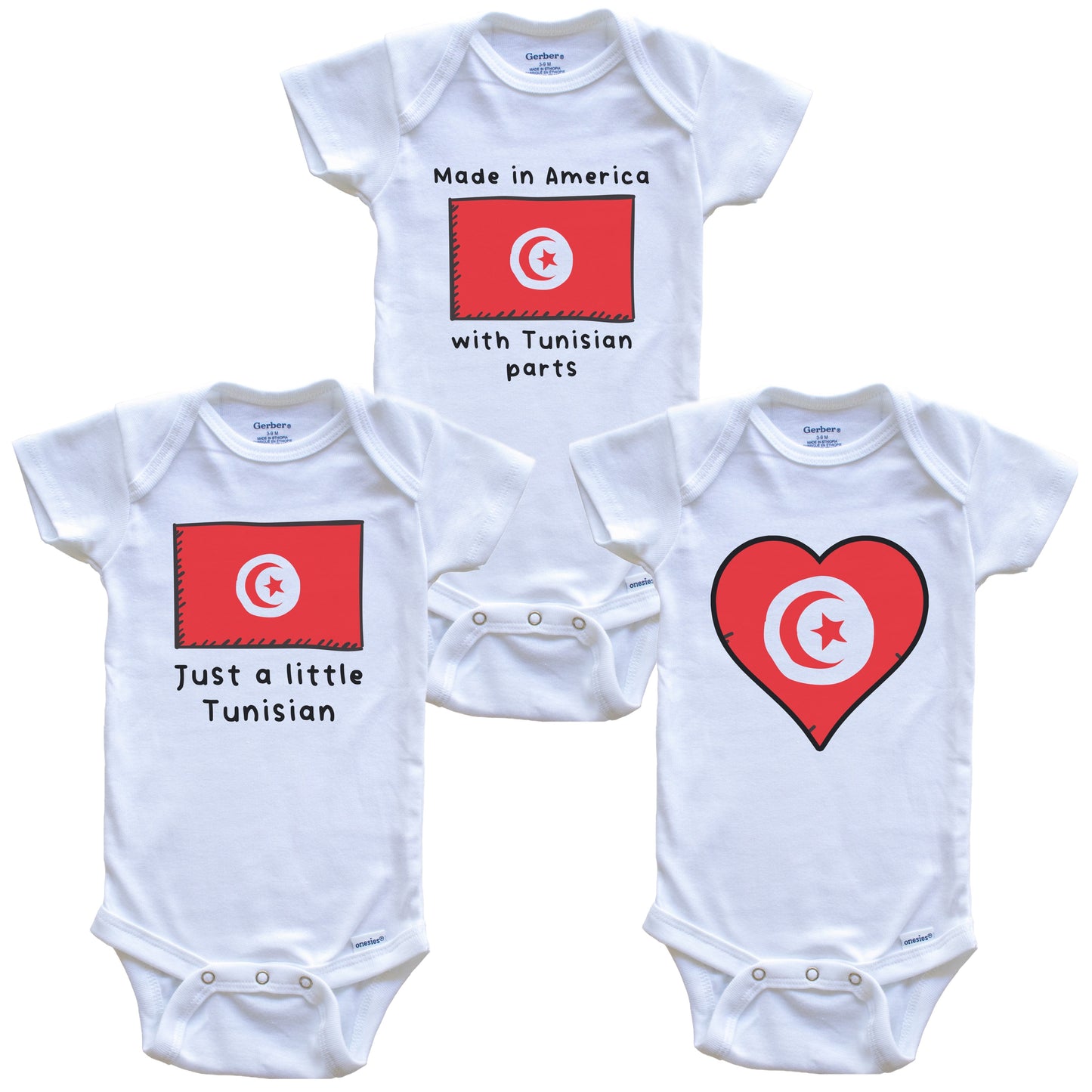 Made in America with Tunisian Parts Funny Tunisia Flag Baby Bodysuit Bundle (3 Piece Gift Set)