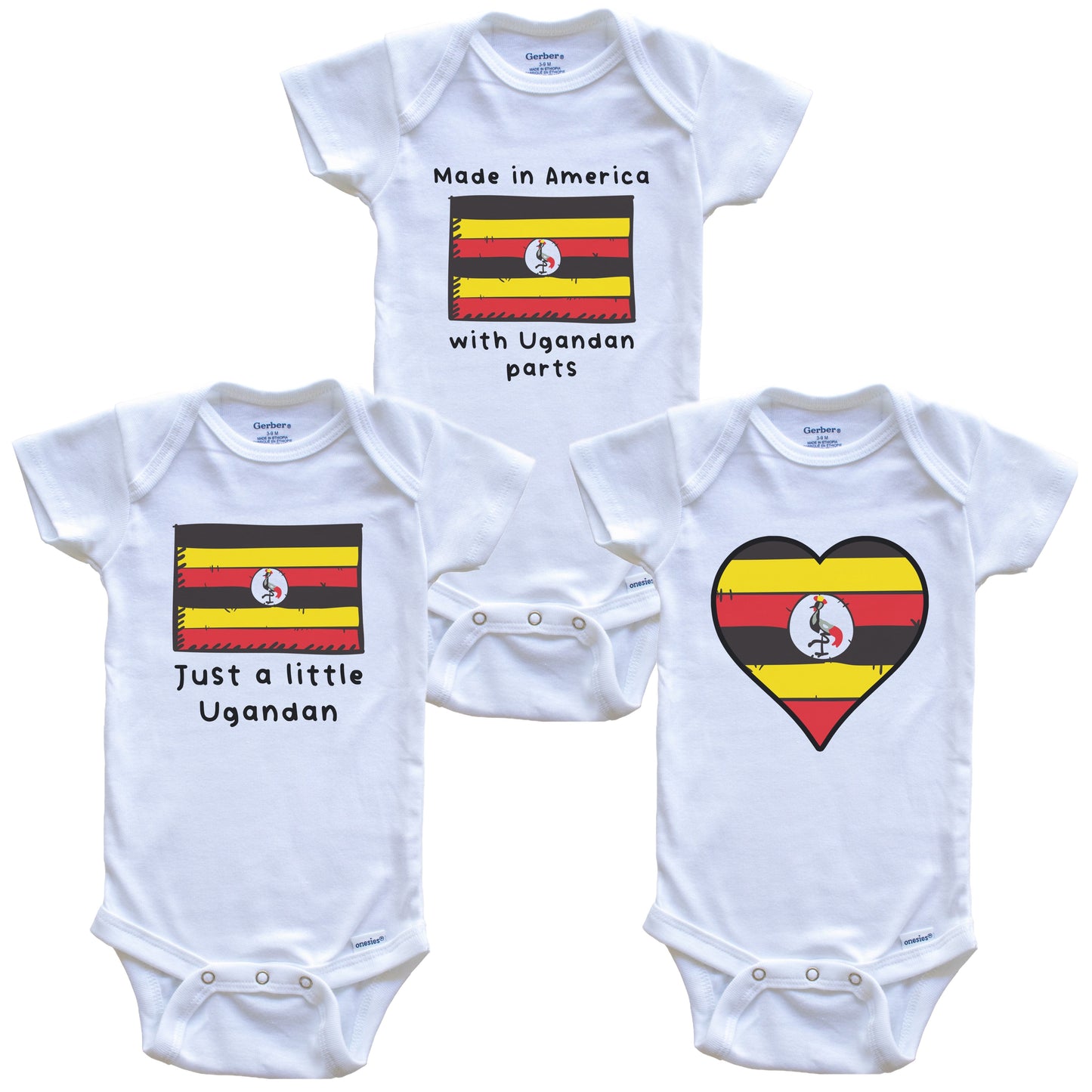 Made in America with Ugandan Parts Funny Uganda Flag Baby Bodysuit Bundle (3 Piece Gift Set)