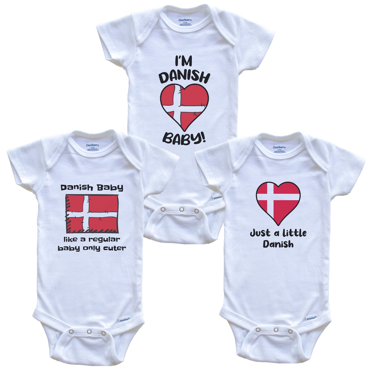 Danish Baby Bodysuits Funny Denmark Flag 3 Piece Gift Set