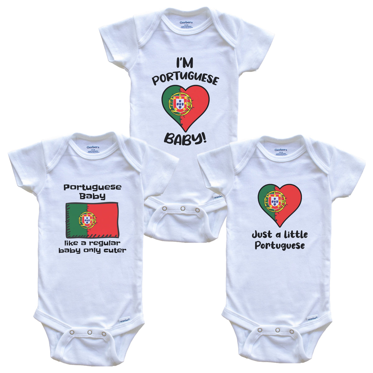 Portuguese Baby Bodysuits Funny Portugal Flag 3 Piece Gift Set