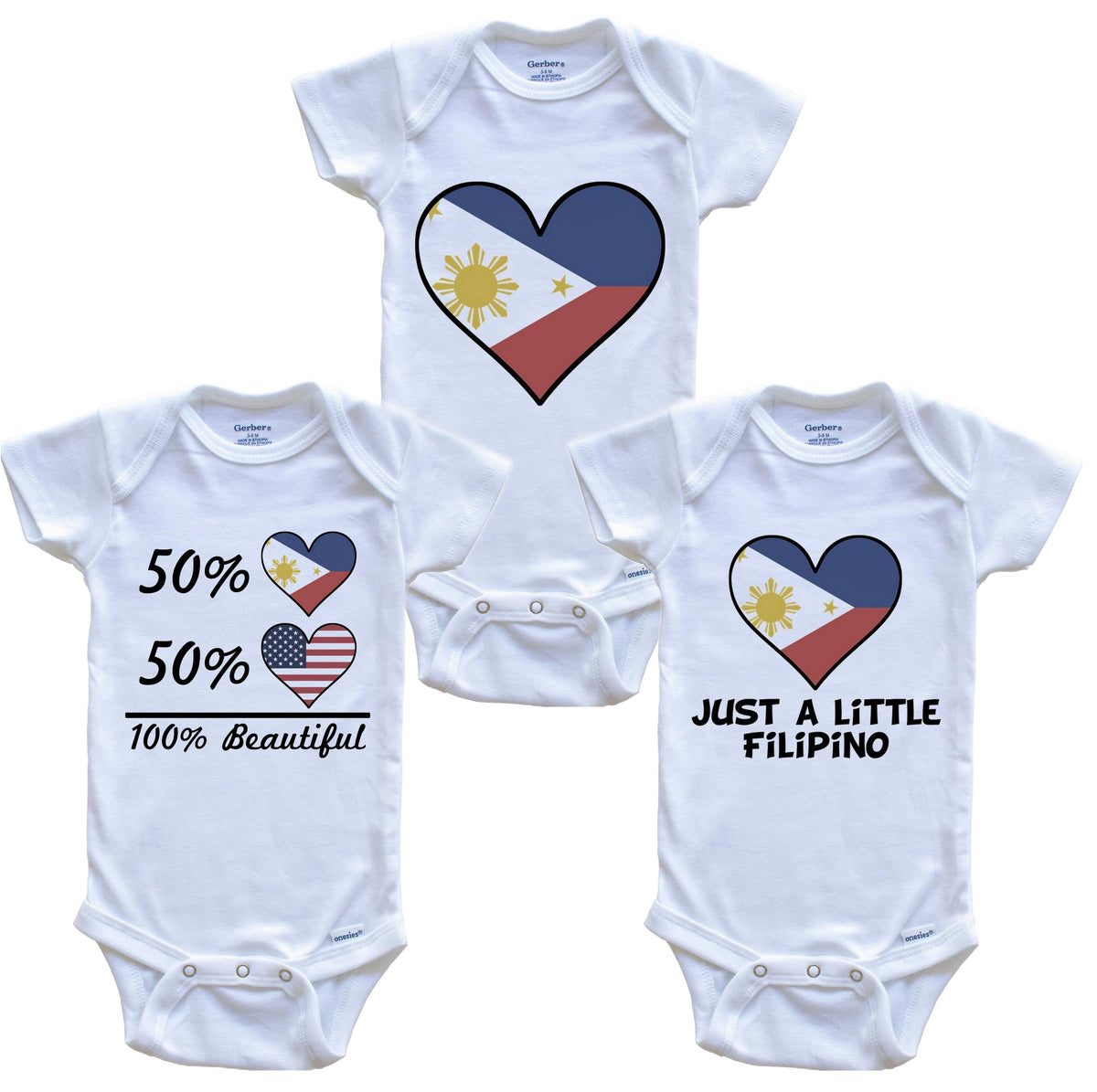 Filipino American Heart Flag Baby Bodysuit Bundle (3 Piece Set)