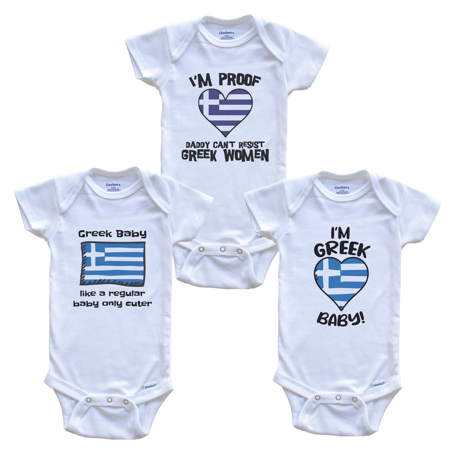 Mom is Greek Baby Bodysuits Funny Greece Flag 3 Piece Gift Set