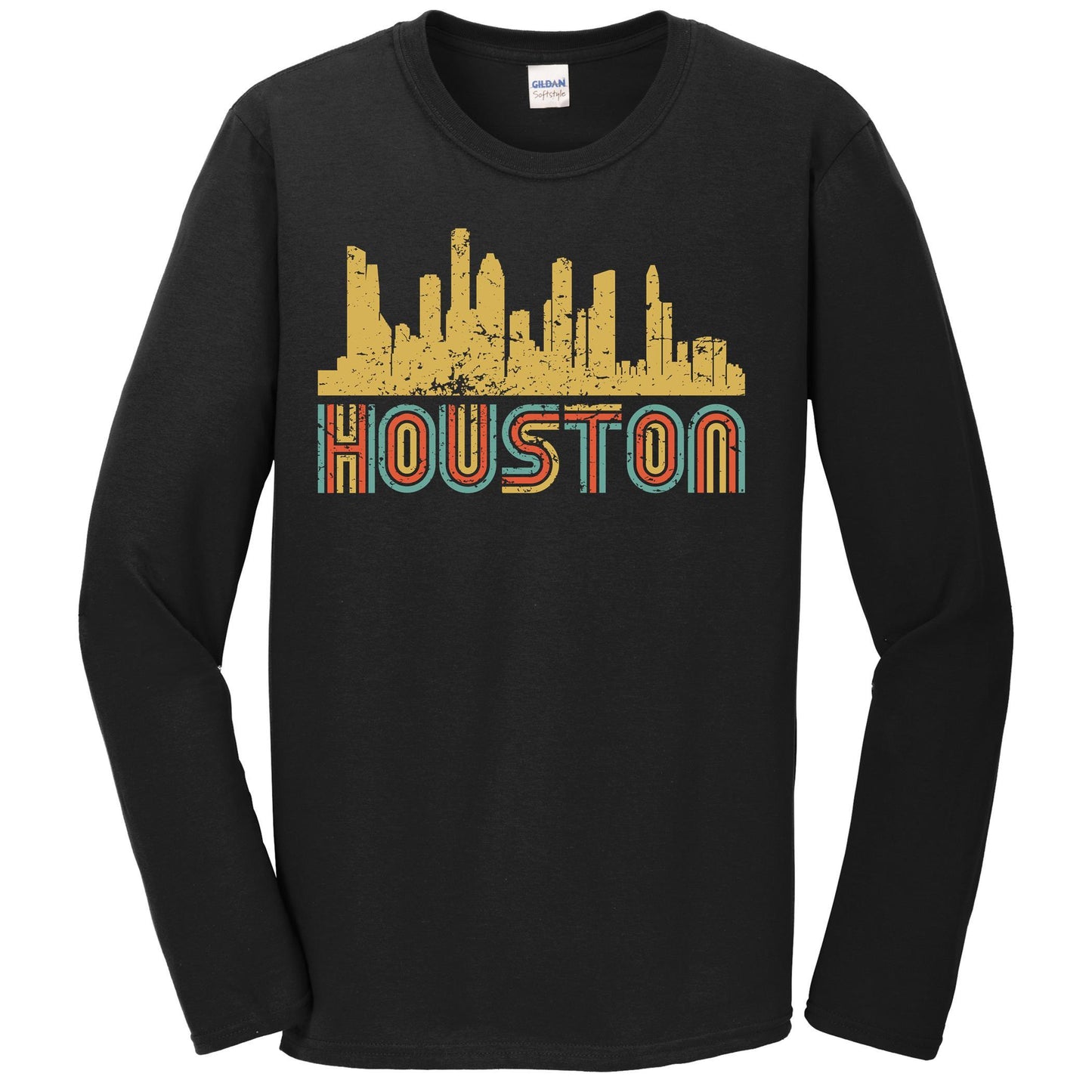 Retro Houston Texas Skyline Long Sleeve T-Shirt