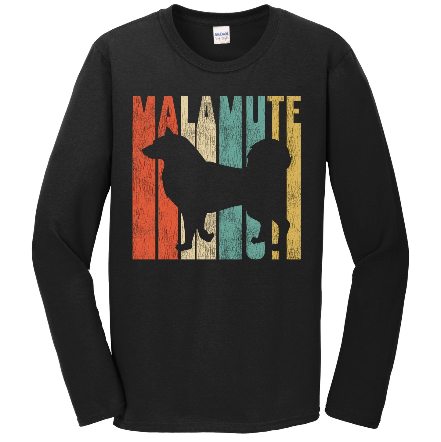 Retro 1970's Style Alaskan Malamute Dog Silhouette Malamute Cracked Distressed Long Sleeve T-Shirt