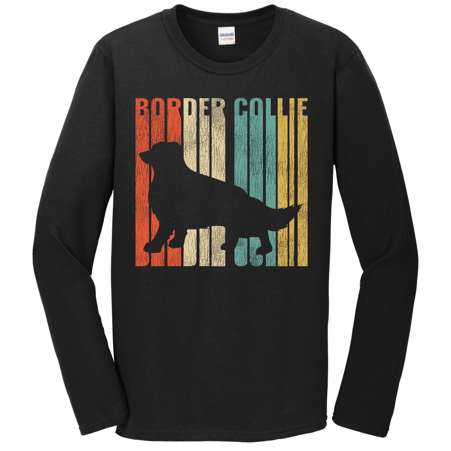 Retro 1970's Style Border Collie Dog Silhouette Cracked Distressed Long Sleeve T-Shirt